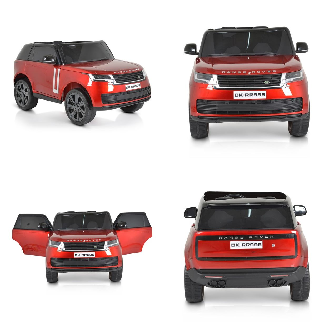 Rotes Spielzeugauto, Range Rover Modell. Mehrere Ansichten, vorne, seitlich und hinten, auf weißem Hintergrund.