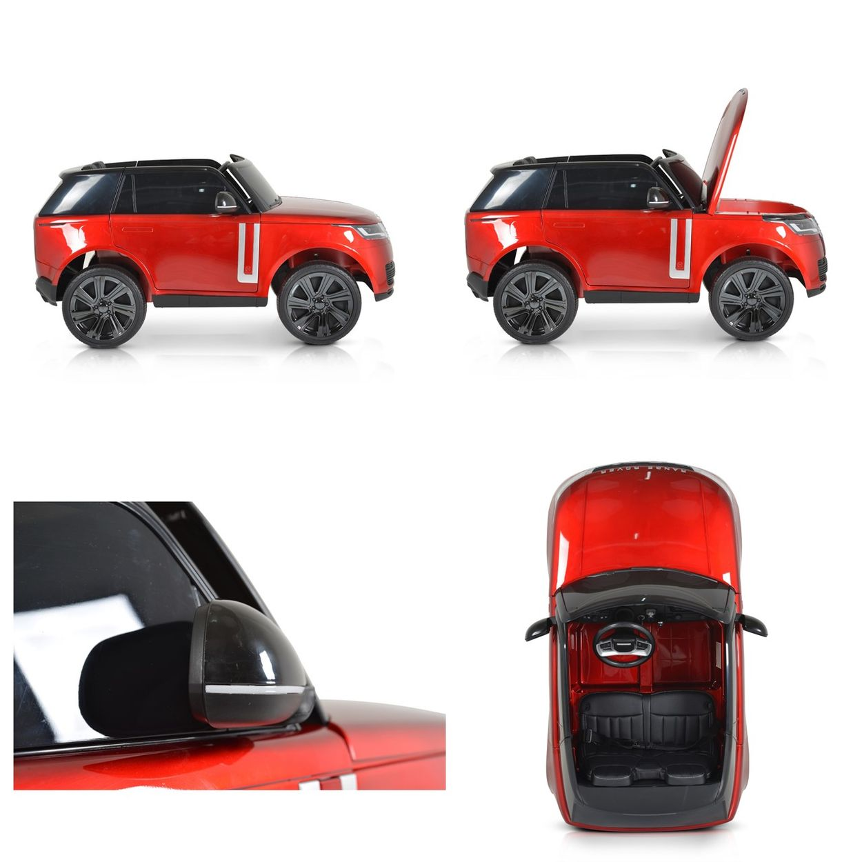 Rotes Spielzeugauto mit schwarzen Rädern. Von der Seite und von oben gezeigt. Ein Seitenspiegel Detail und die offene Motorhaube.