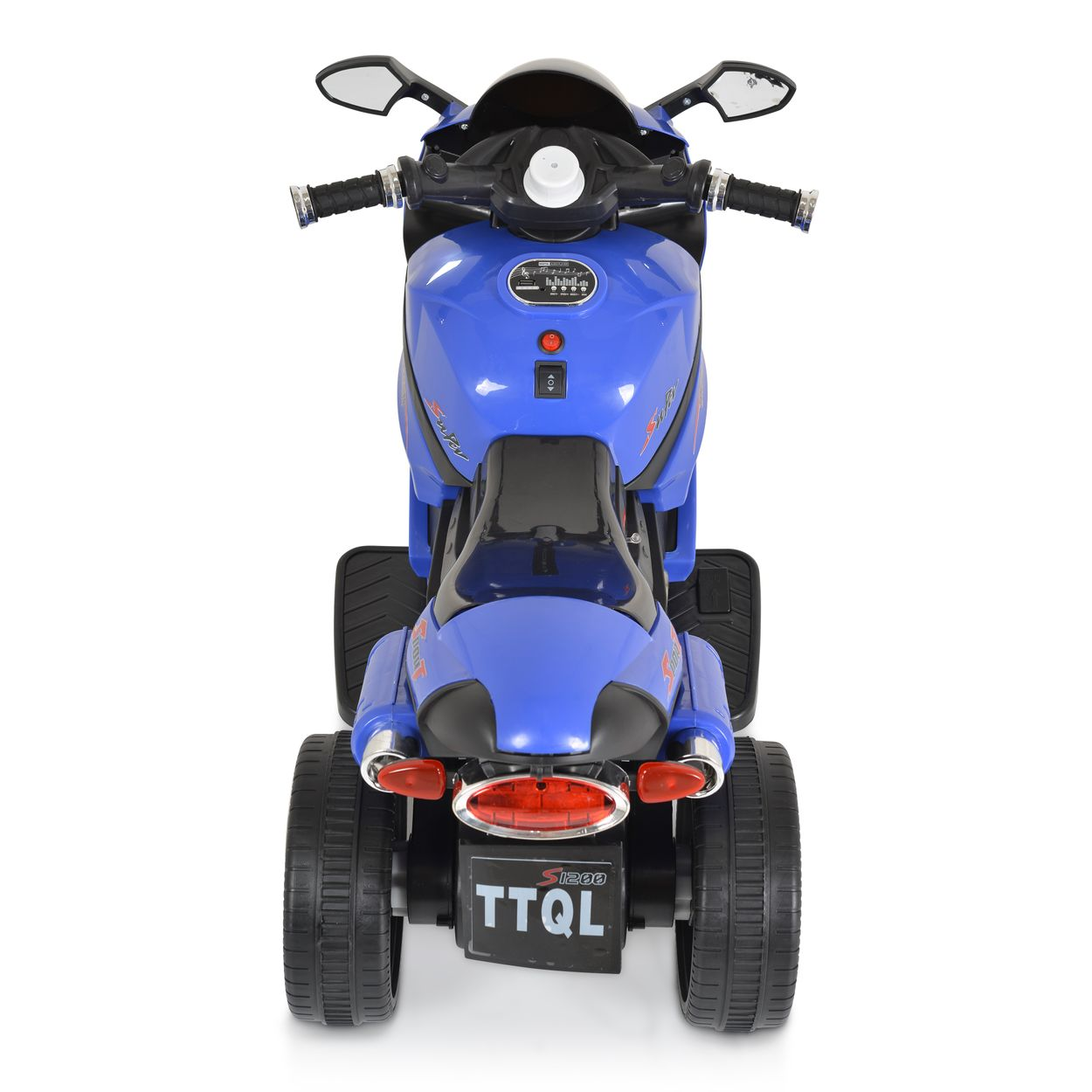 Blaues und schwarzes Spielzeugmotorrad. Das Motorrad ist von hinten. Weißer Hintergrund.