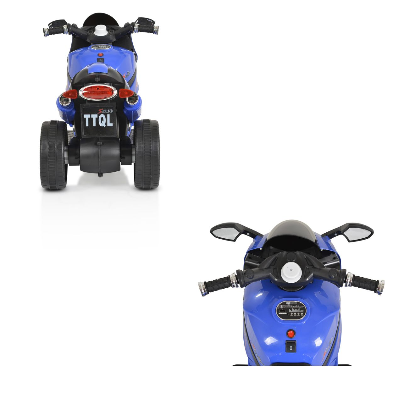 Zwei Ansichten eines blauen Spielzeugmotorrads. Eine Draufsicht, die andere frontal mit Lenker, auf Weiß.