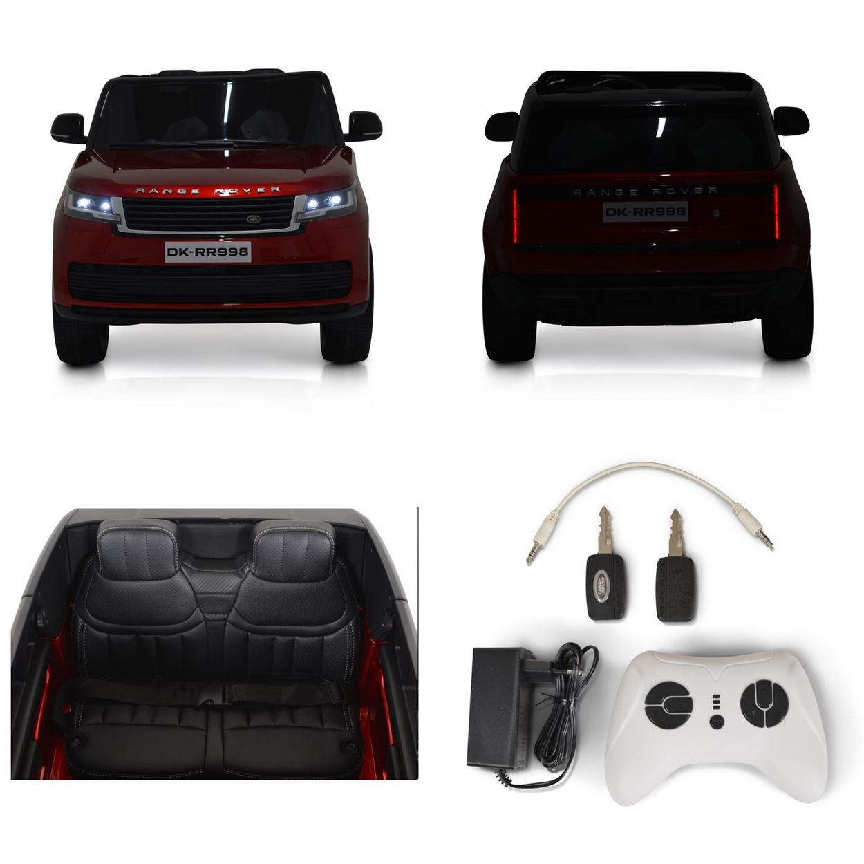 Vier Bilder eines roten Range Rover Spielzeugautos. Beinhaltet Schlüssel und Fernbedienung.