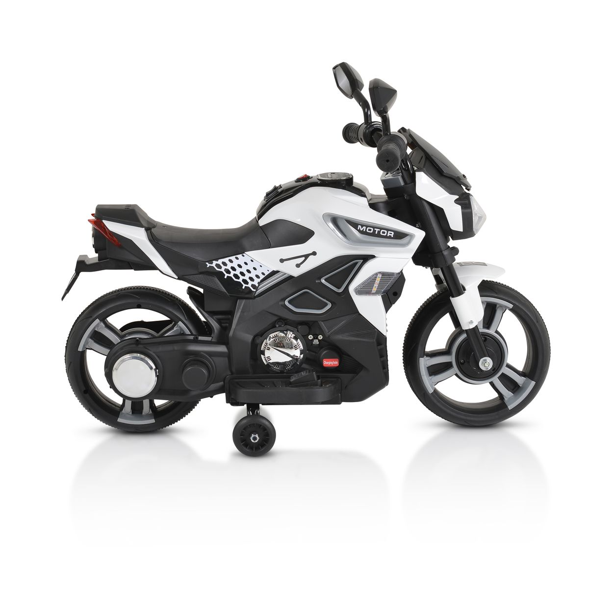Weißes und schwarzes Spielzeugmotorrad auf weißer Oberfläche.