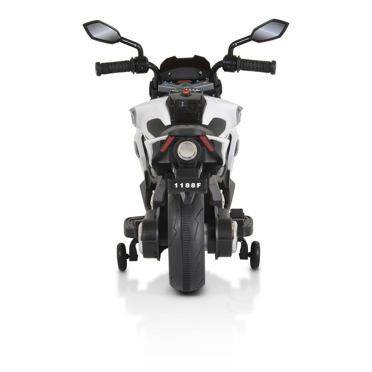 Weißes und schwarzes Spielzeugmotorrad mit Stützrädern. Das Hinterrad ist sichtbar.