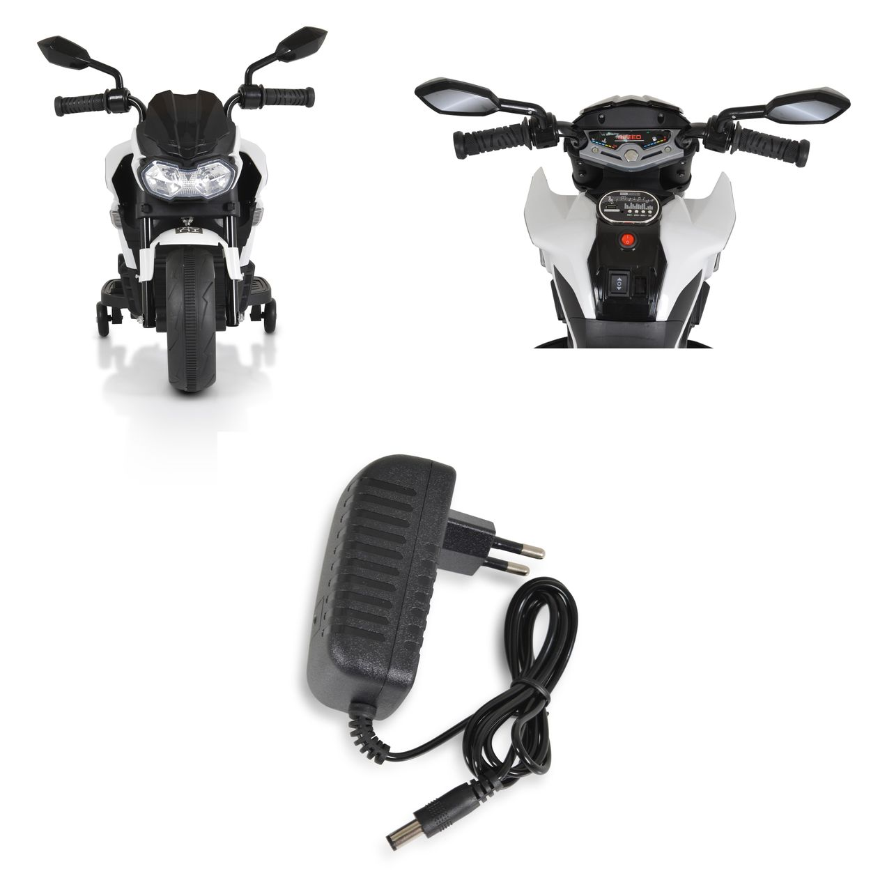 Weißes Spielzeugmotorrad mit Vorder-, Armaturenbrett- und Ladegerätansichten. Schwarzer Stecker und Kabel enthalten.
