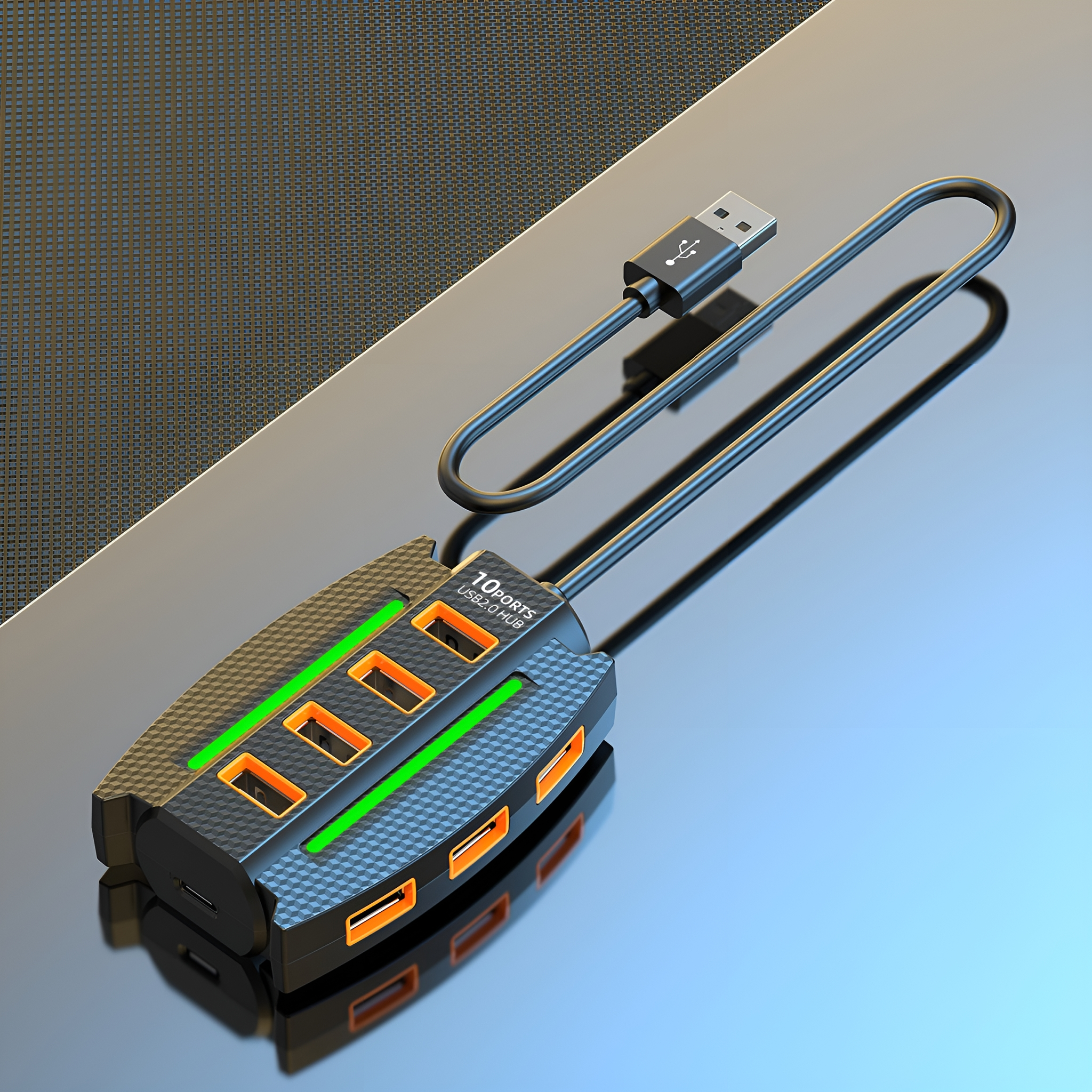 Schwarzer USB-Hub mit 10 Anschlüssen, orangefarbenen Lichtern und USB-Kabel.