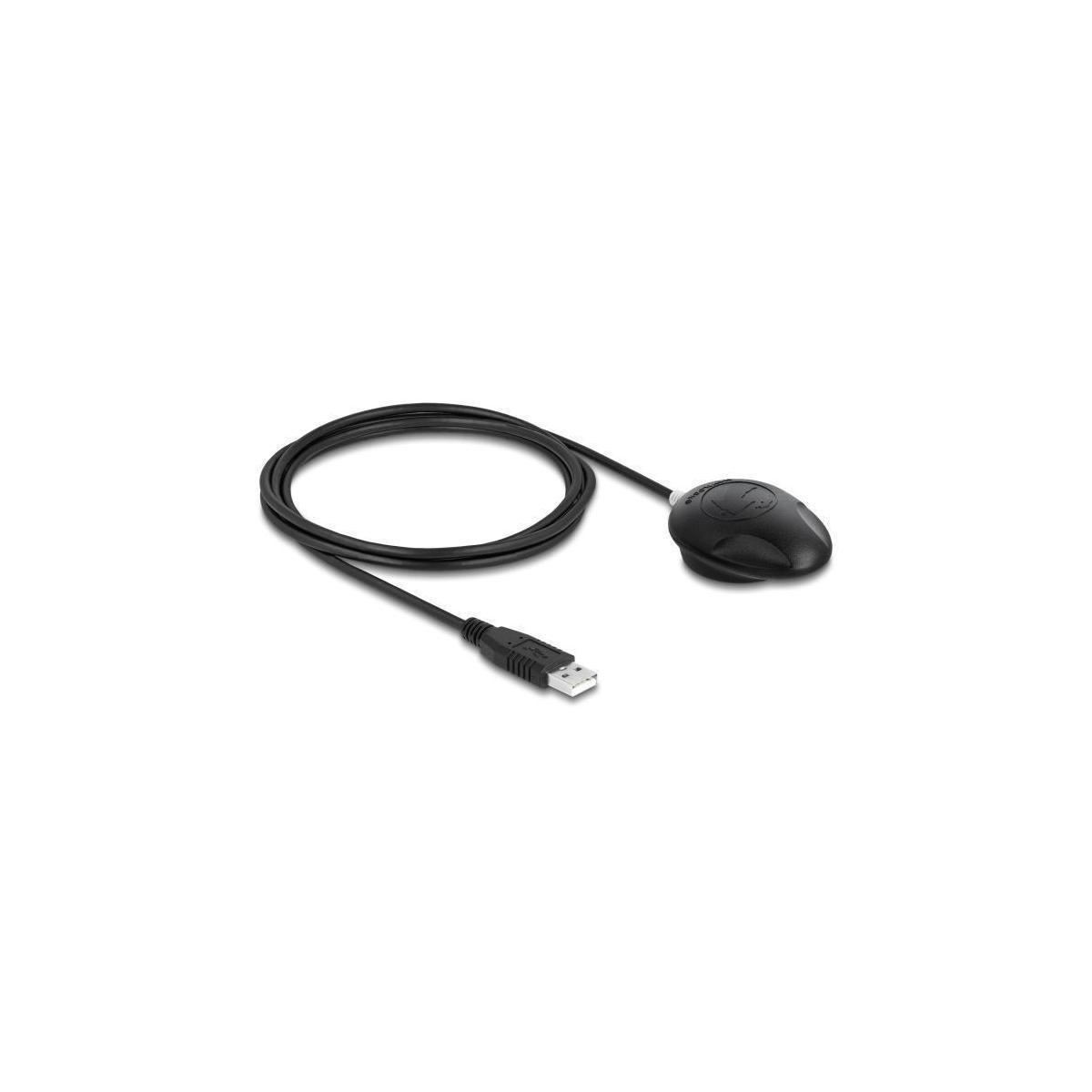 Schwarzer GPS-Empfänger mit Kabel und USB-Anschluss auf weißem Hintergrund.