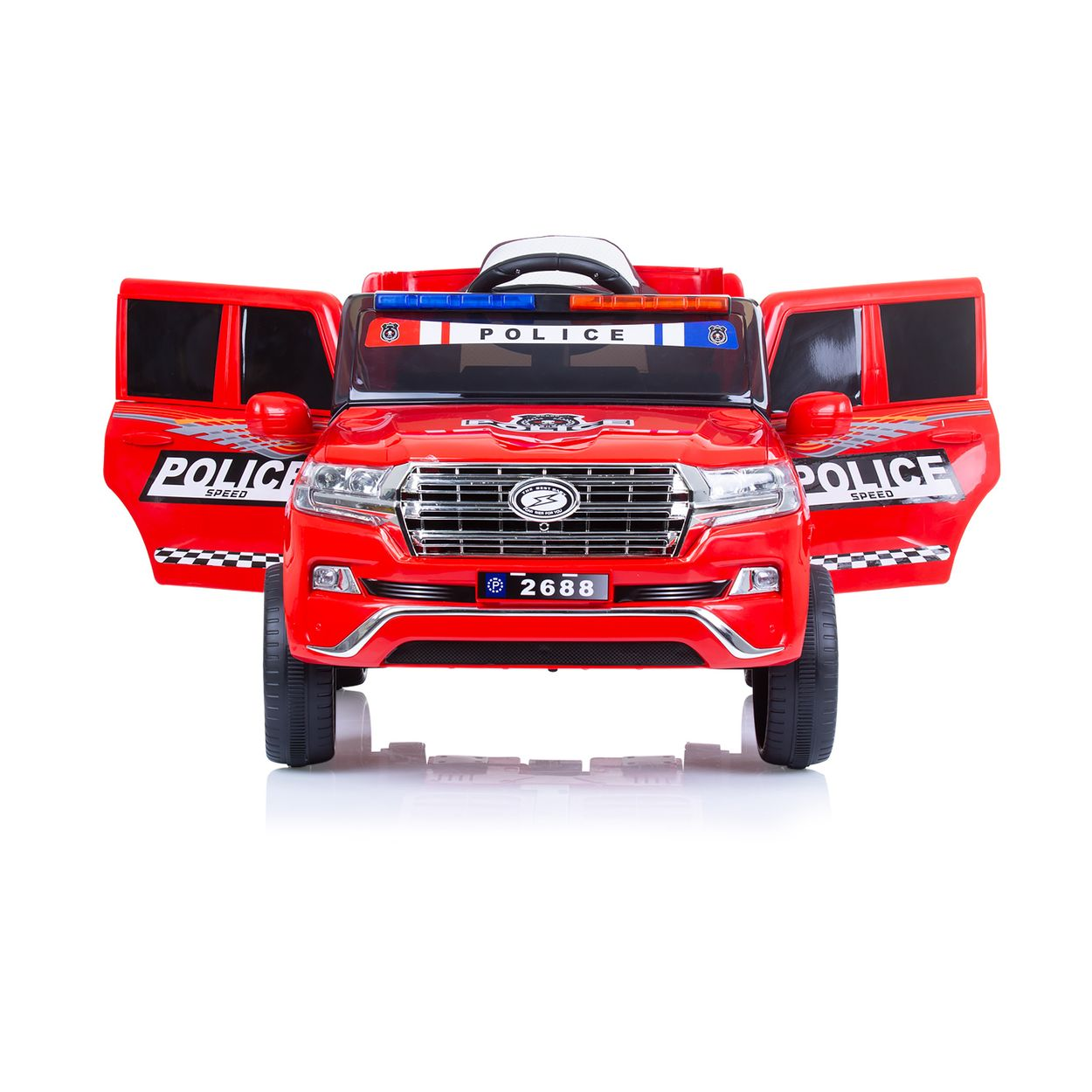 Coche de policía de juguete rojo con puertas abiertas. Tiene luces de policía y POLICÍA impreso.