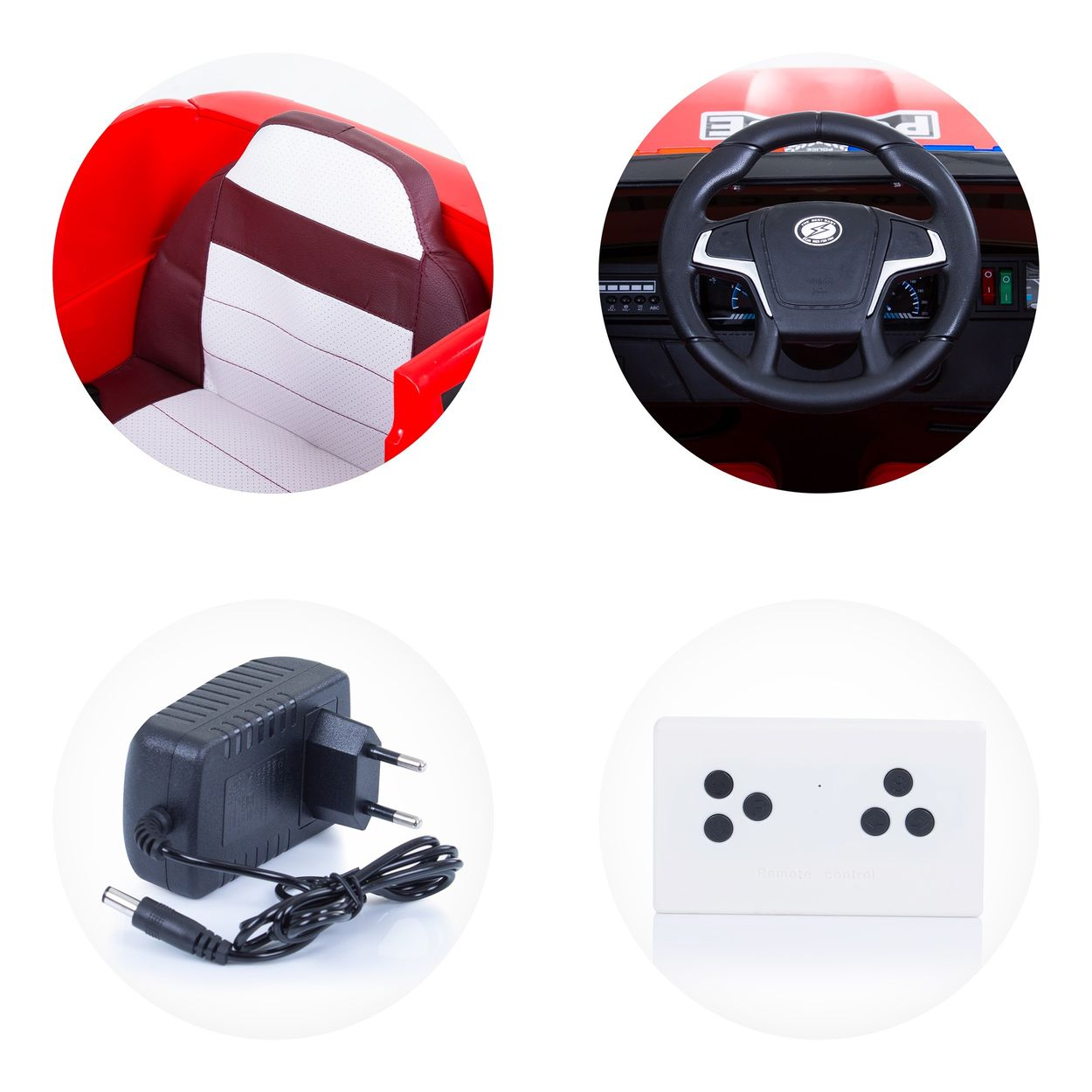 Imágenes del interior de un coche de juguete rojo, volante y accesorios de carga. Fondo blanco.