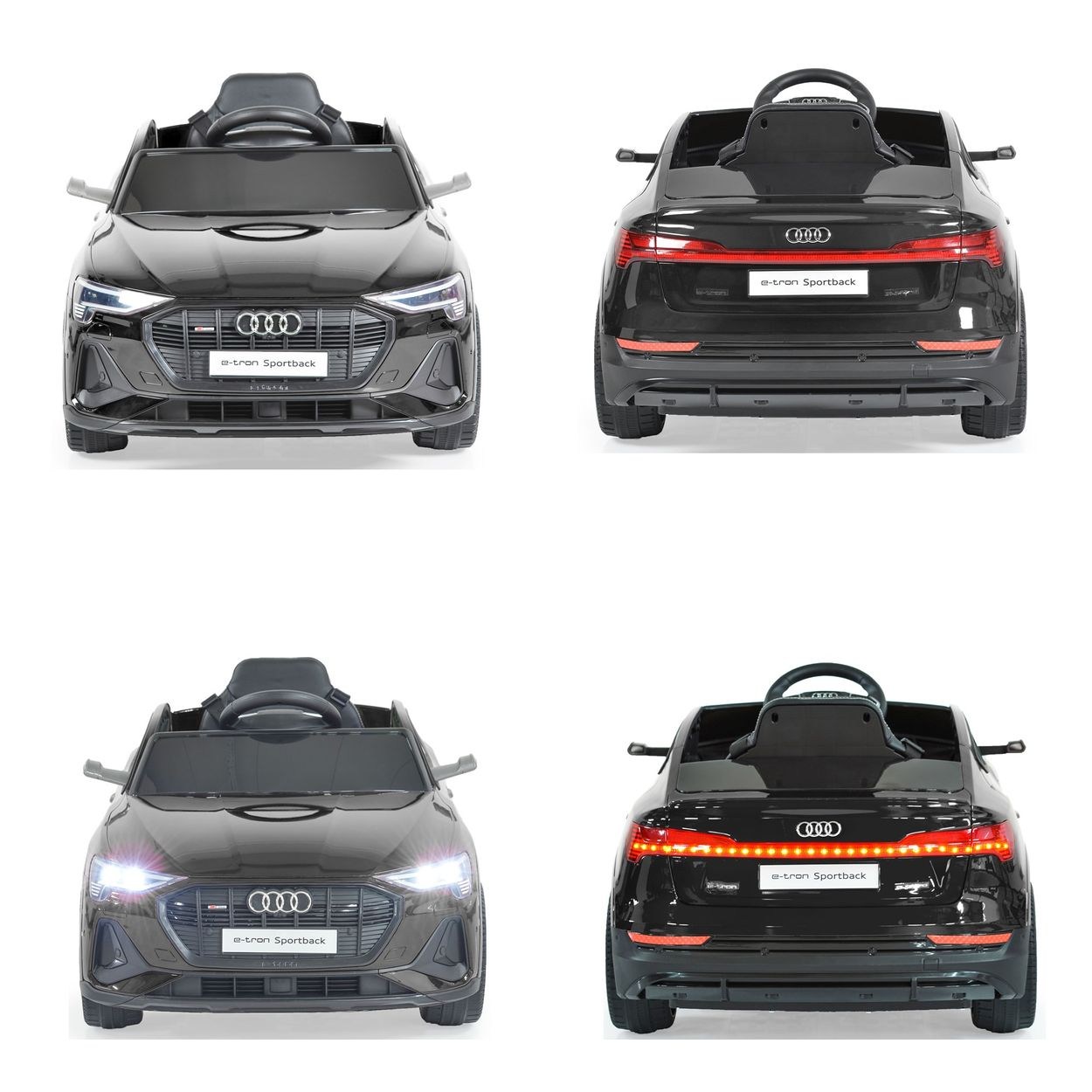 Vier Bilder eines schwarzen Audi e-tron Sportback Spielzeugautos. Vorder- und Rückansichten des Autos werden gezeigt.