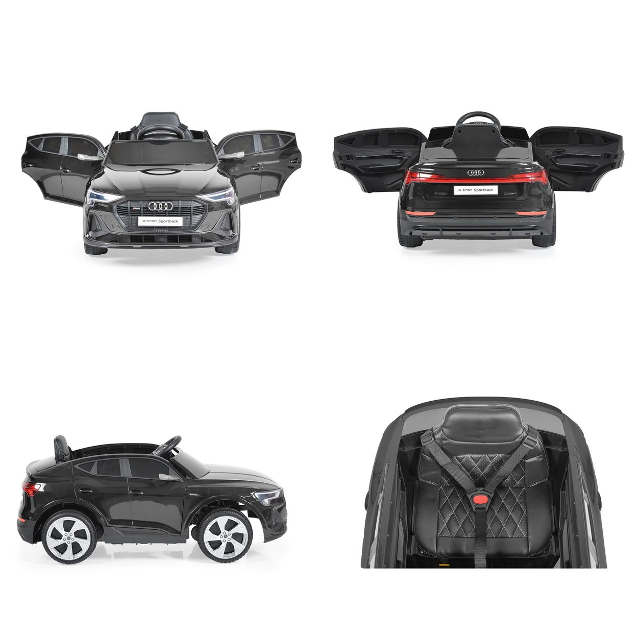 Schwarzes Spielzeugauto in mehreren Ansichten. Vorne, Seite, hinten, innen. Weißer Hintergrund, verschiedene Winkel.