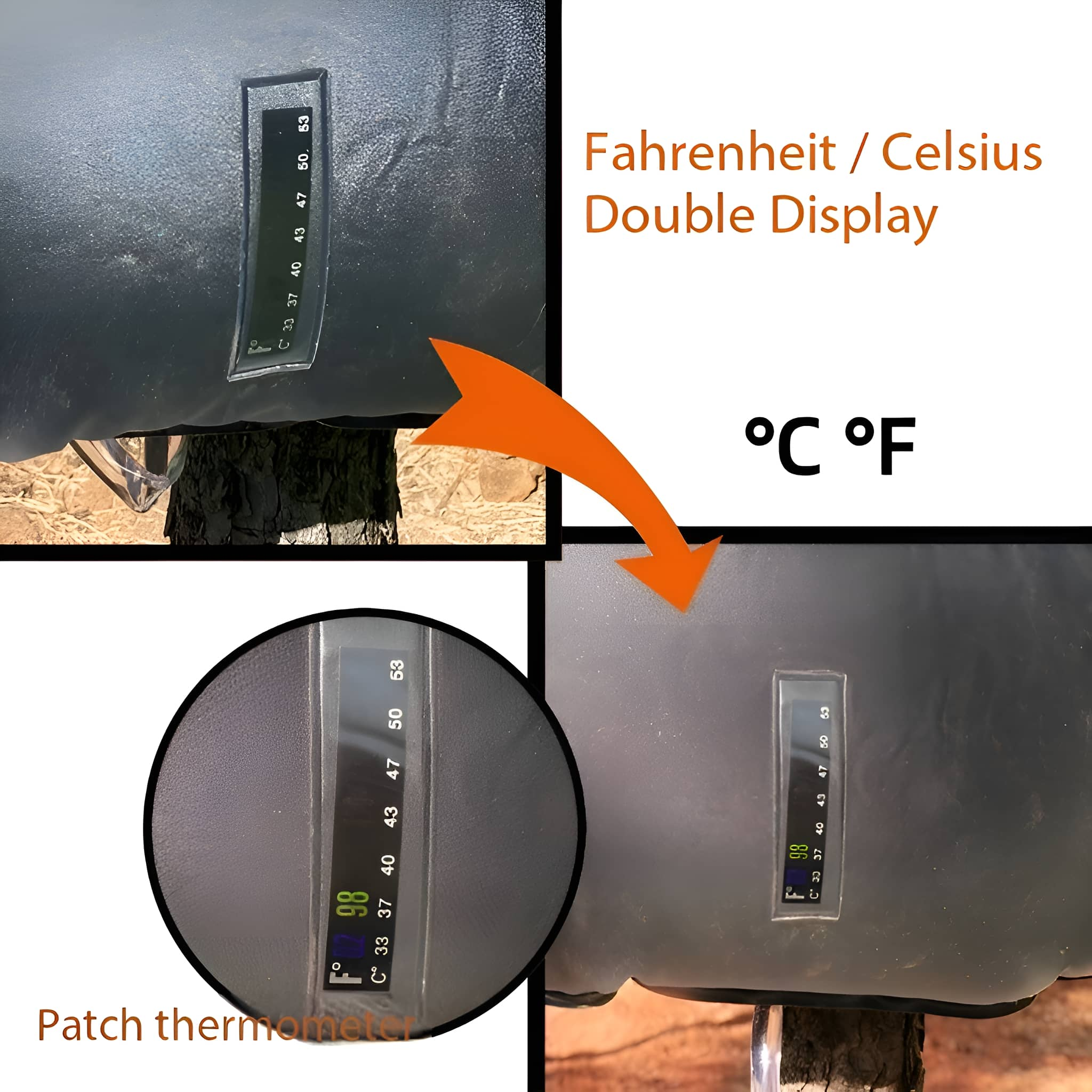 Nahaufnahme eines Patch-Thermometers, das die Temperatur in Celsius und Fahrenheit anzeigt.