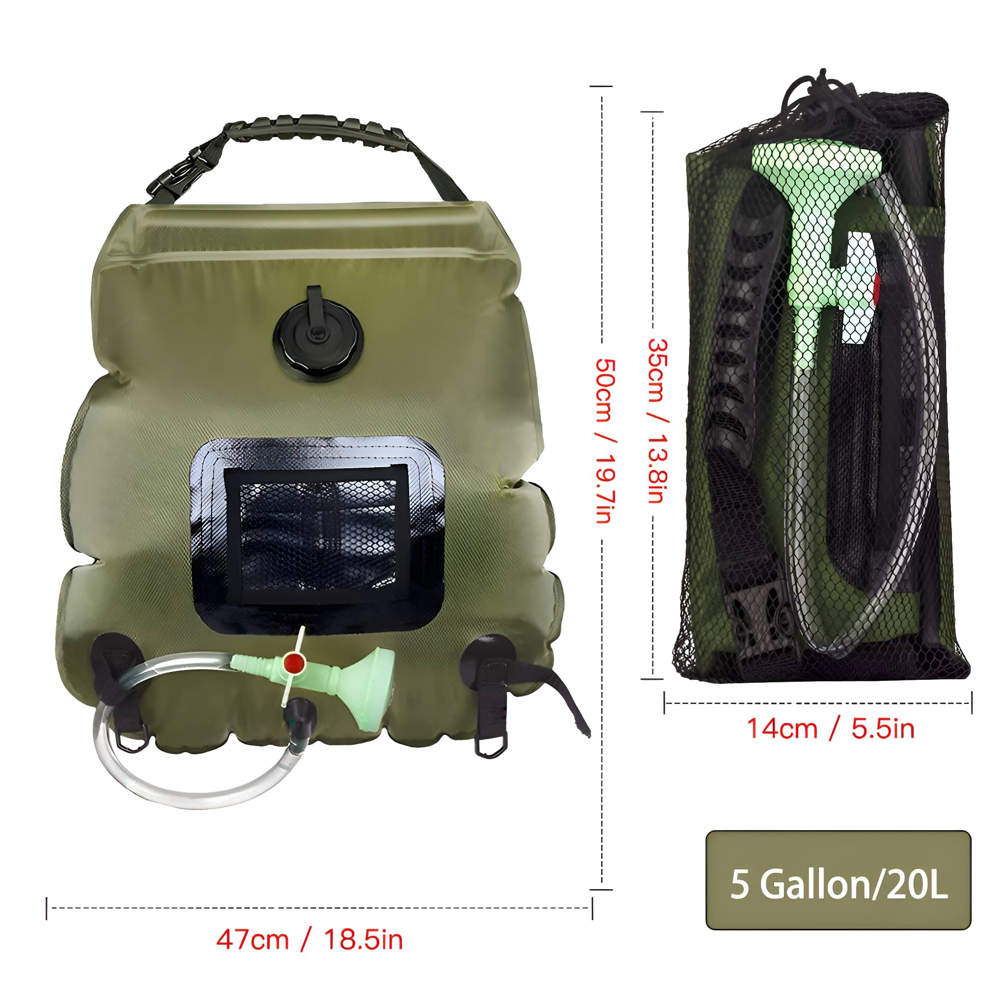 Olivgrüne tragbare Campingdusche mit Abmessungen und einer Tasche.