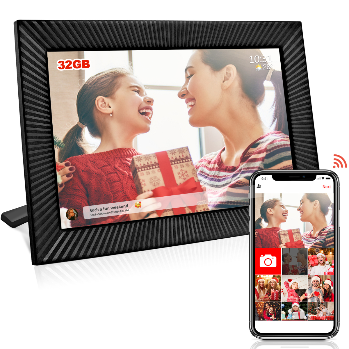 Digitaler Bilderrahmen mit Familienfoto, mit Telefon, das ähnliche Bilder zeigt.