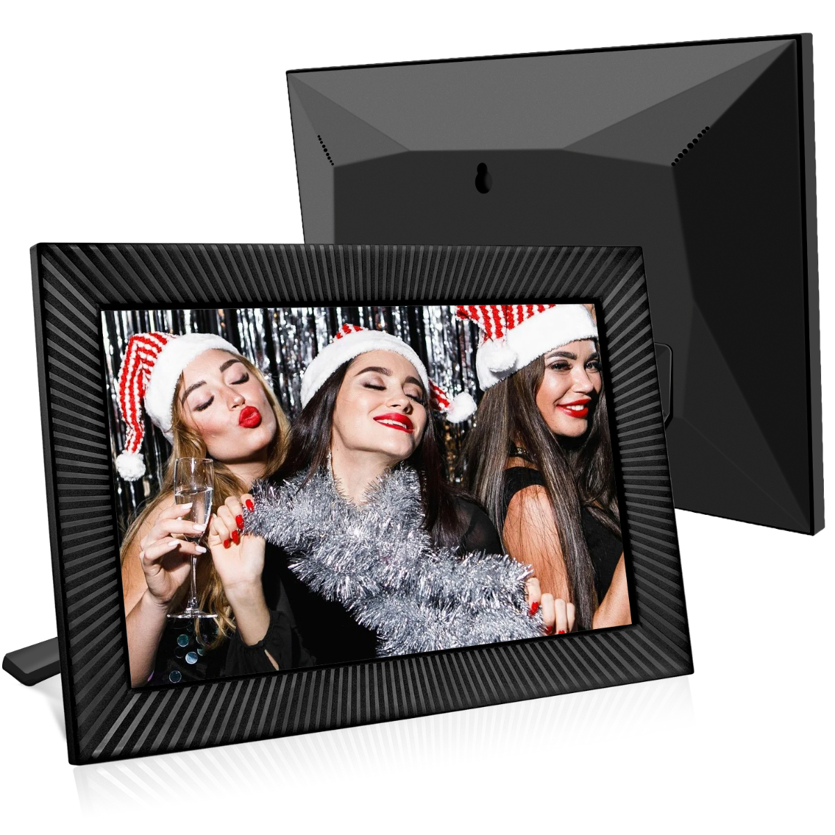 Zwei digitale Bilderrahmen mit Fotos von Frauen mit Weihnachtsmützen, eine mit Sektglas.