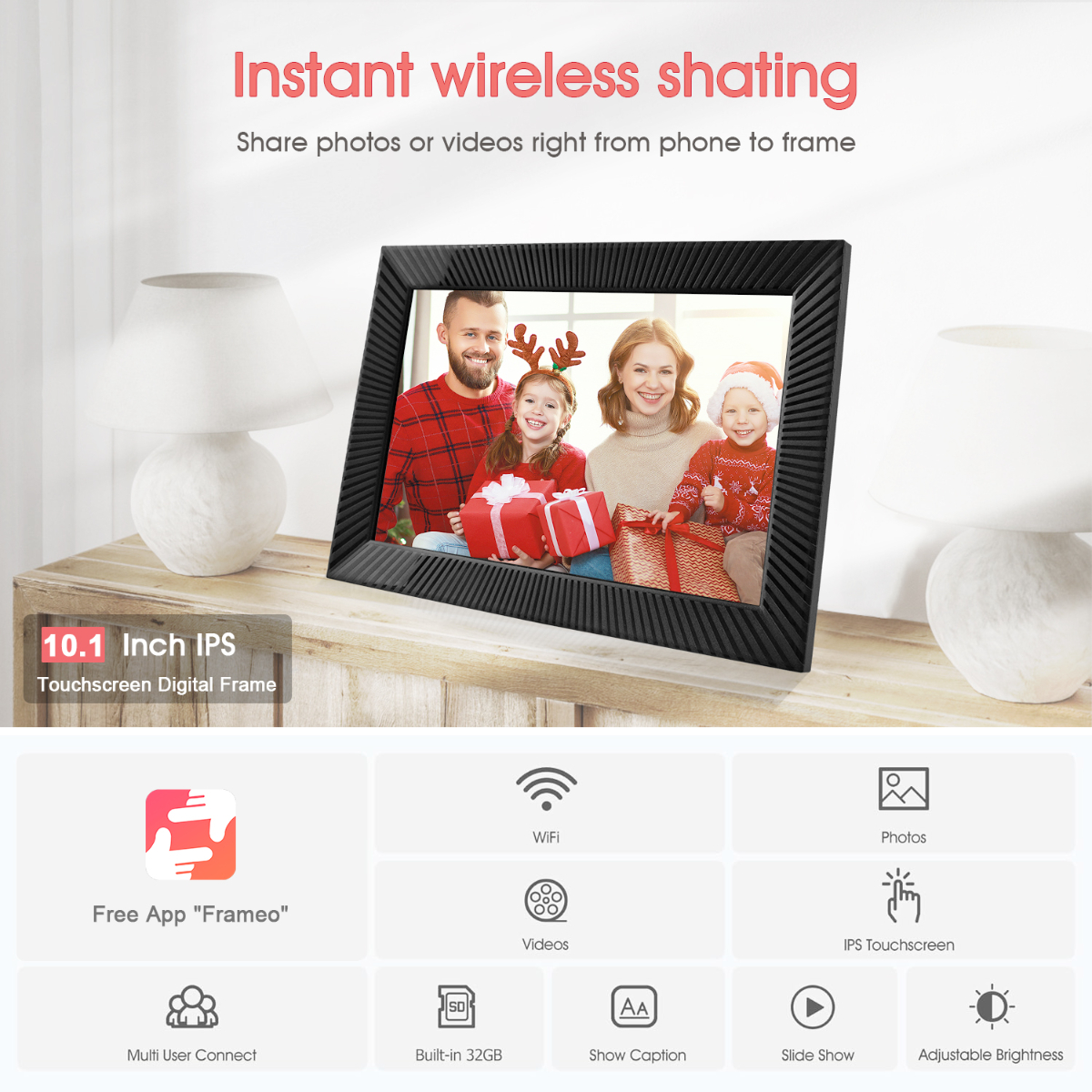 Digitaler Fotorahmen mit Familienfoto. Merkmale Symbole und Text über die Funktionen des Rahmens.