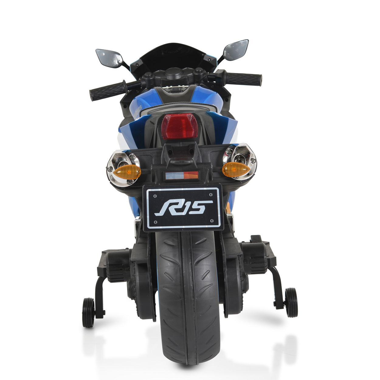 Blaues Spielzeugmotorrad, Rückansicht, mit Stützrädern und Kennzeichen.