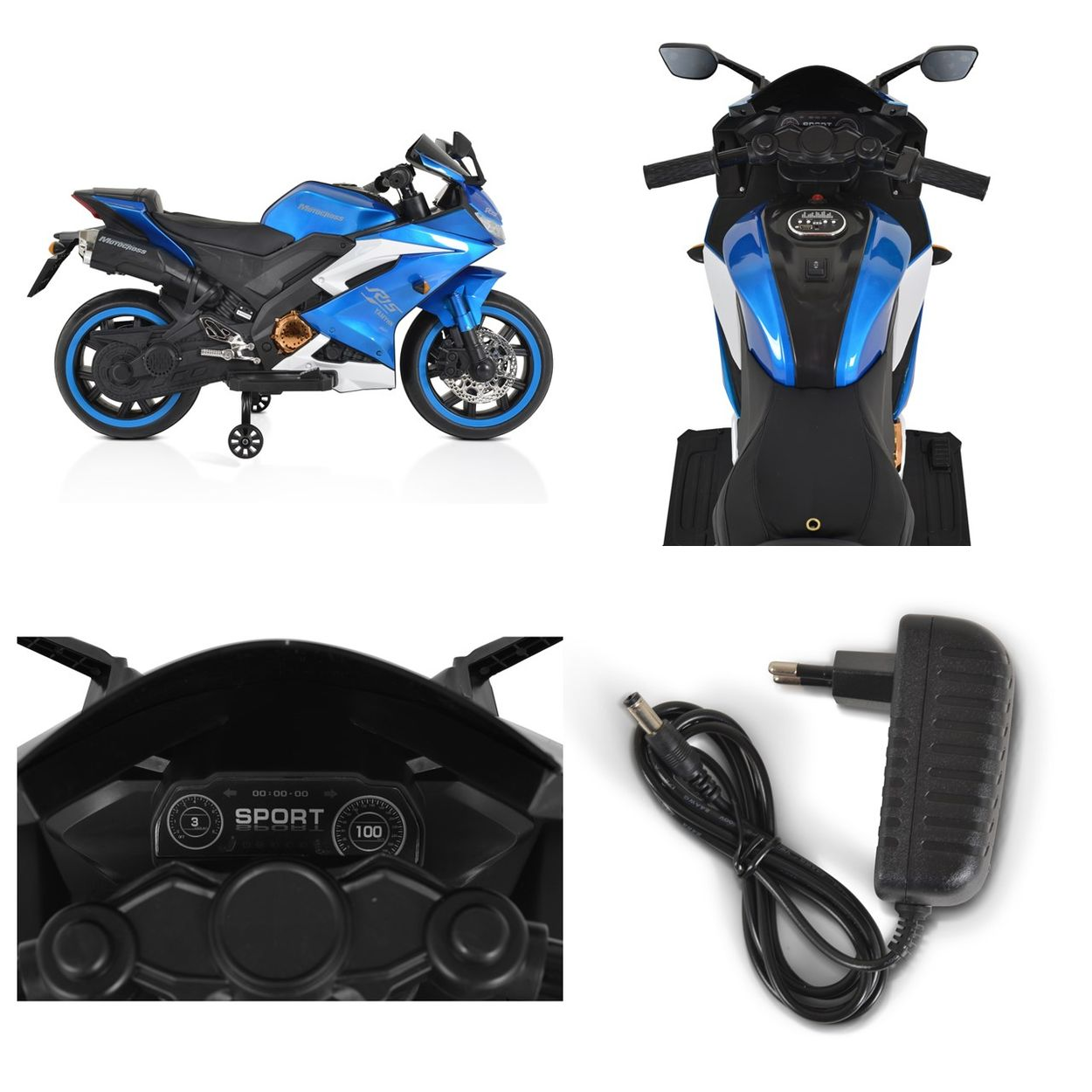 Spielzeugmotorrad in mehreren Ansichten: Seite, Front, Instrumententafel und Ladegerät.