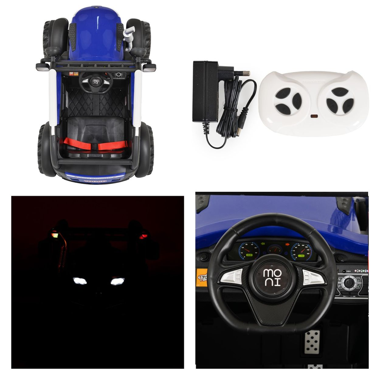 Mehrere Ansichten eines blau-weißen Spielzeugautos, mit Ladegerät und Fernbedienung.