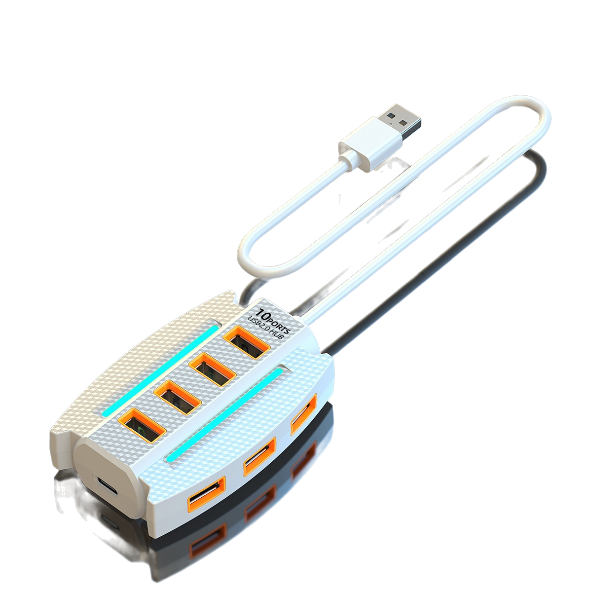 Weißer USB-Hub mit 10 Anschlüssen. Hat orange und blaue Akzente. Weißes USB-Kabel angeschlossen.