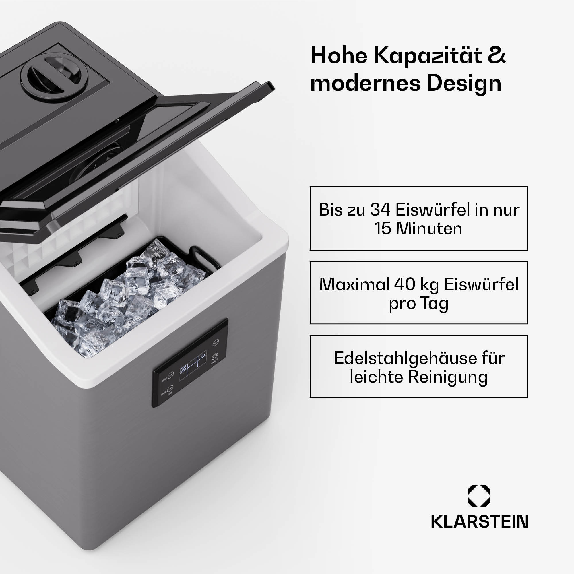 Grauer Eisbereiter mit Eiswürfeln. Text: Hohe Kapazität & modernes Design. Weißer Hintergrund.