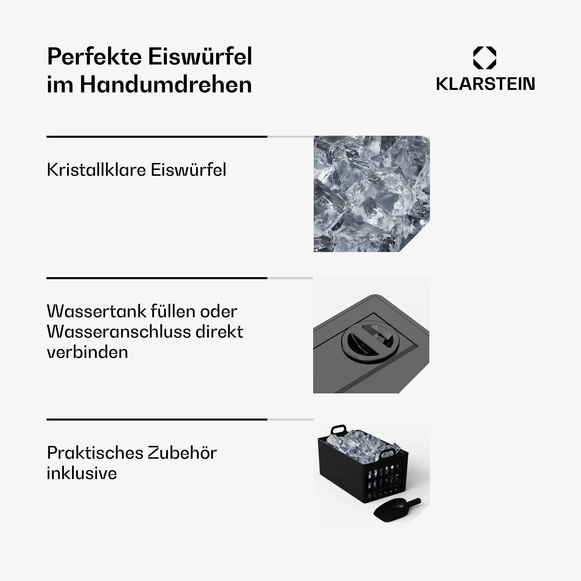 Eiswürfelbilder, Maschinenkomponenten und Eisportionierer. Text auf Deutsch beschreibt die Eisherstellungsfunktionen.