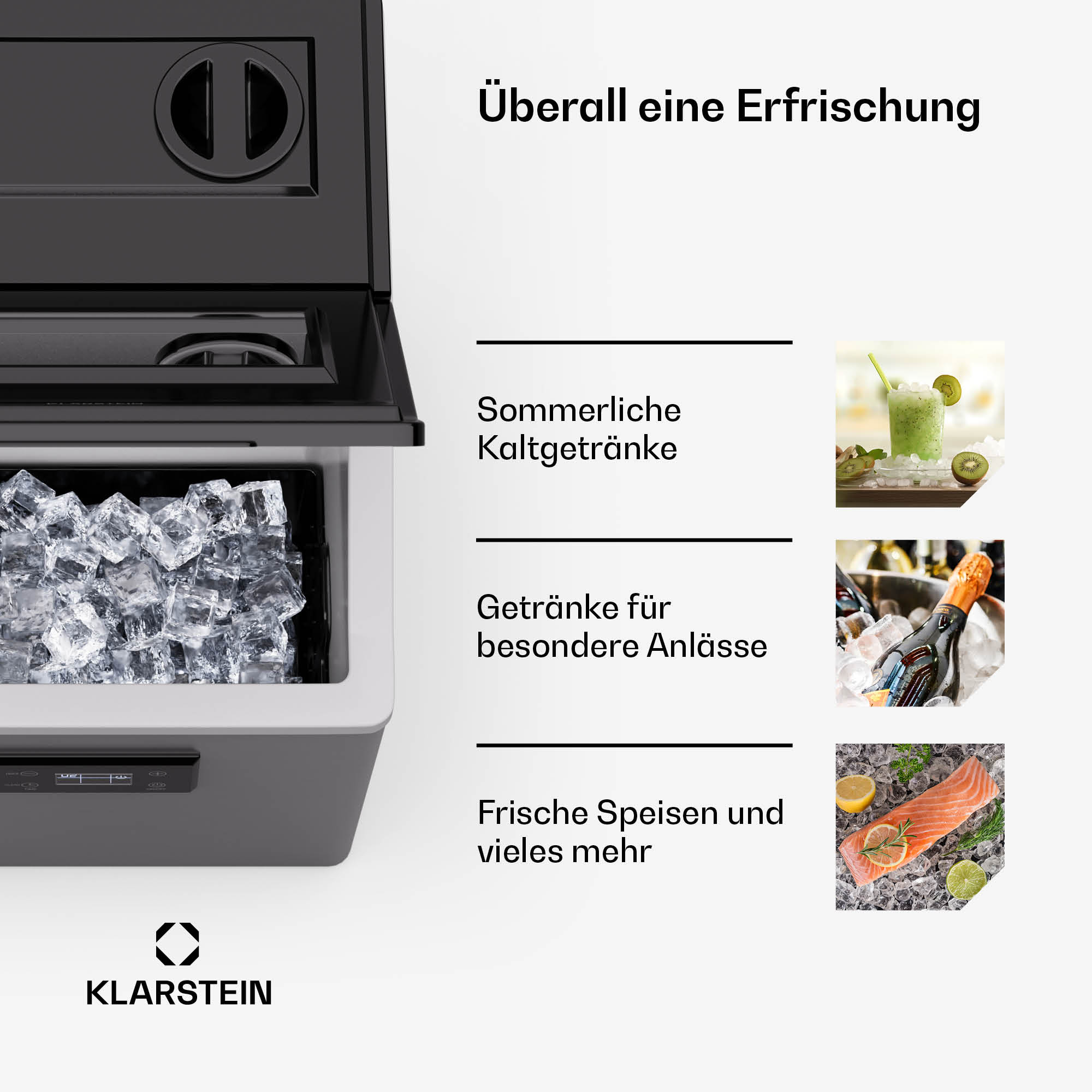 Eine graue Kühlbox mit Eiswürfeln, neben Bildern von kalten Getränken, Champagner und Essen.