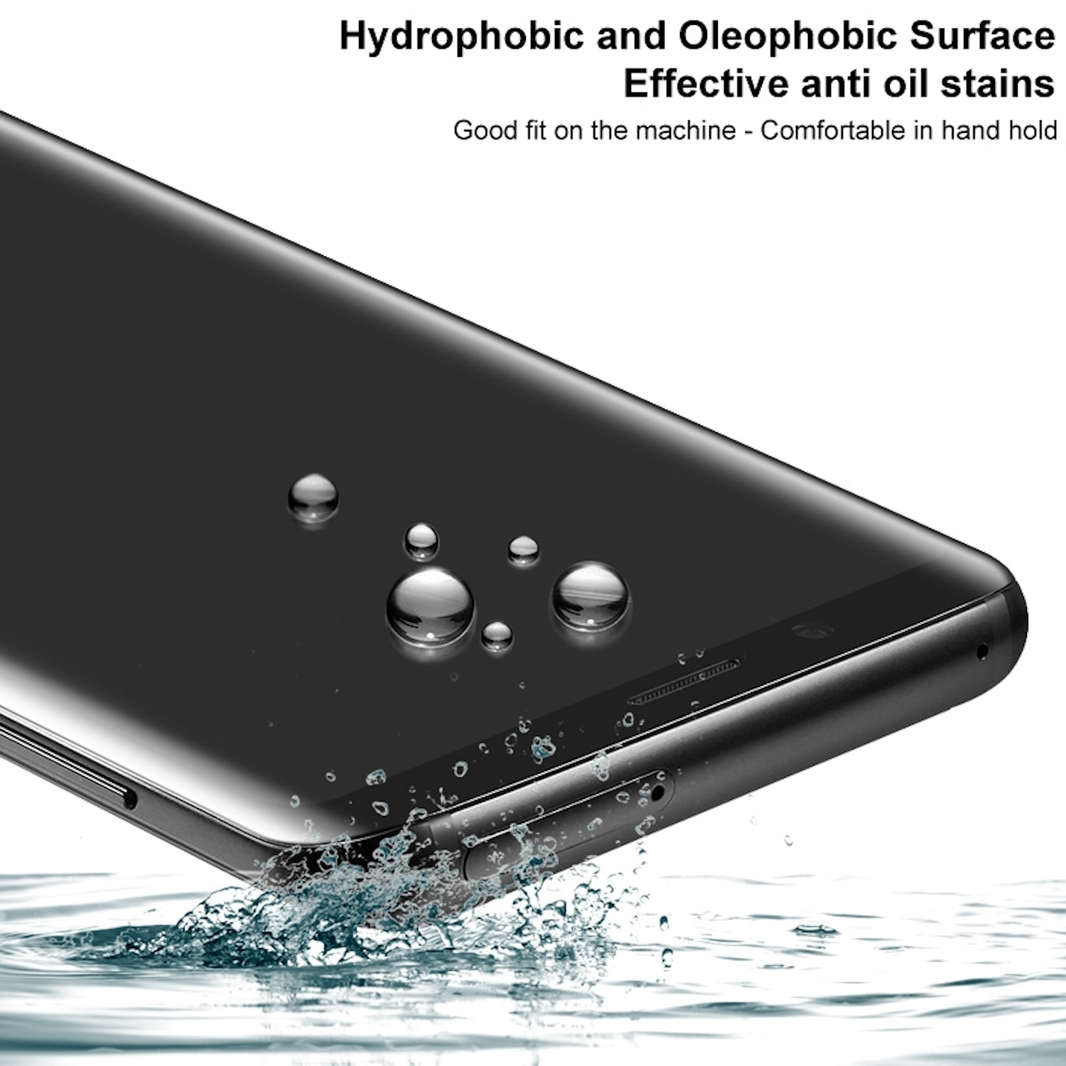 Schwarzer Telefonbildschirm mit Wassertropfen und Text über Ölfleckbeständigkeit.