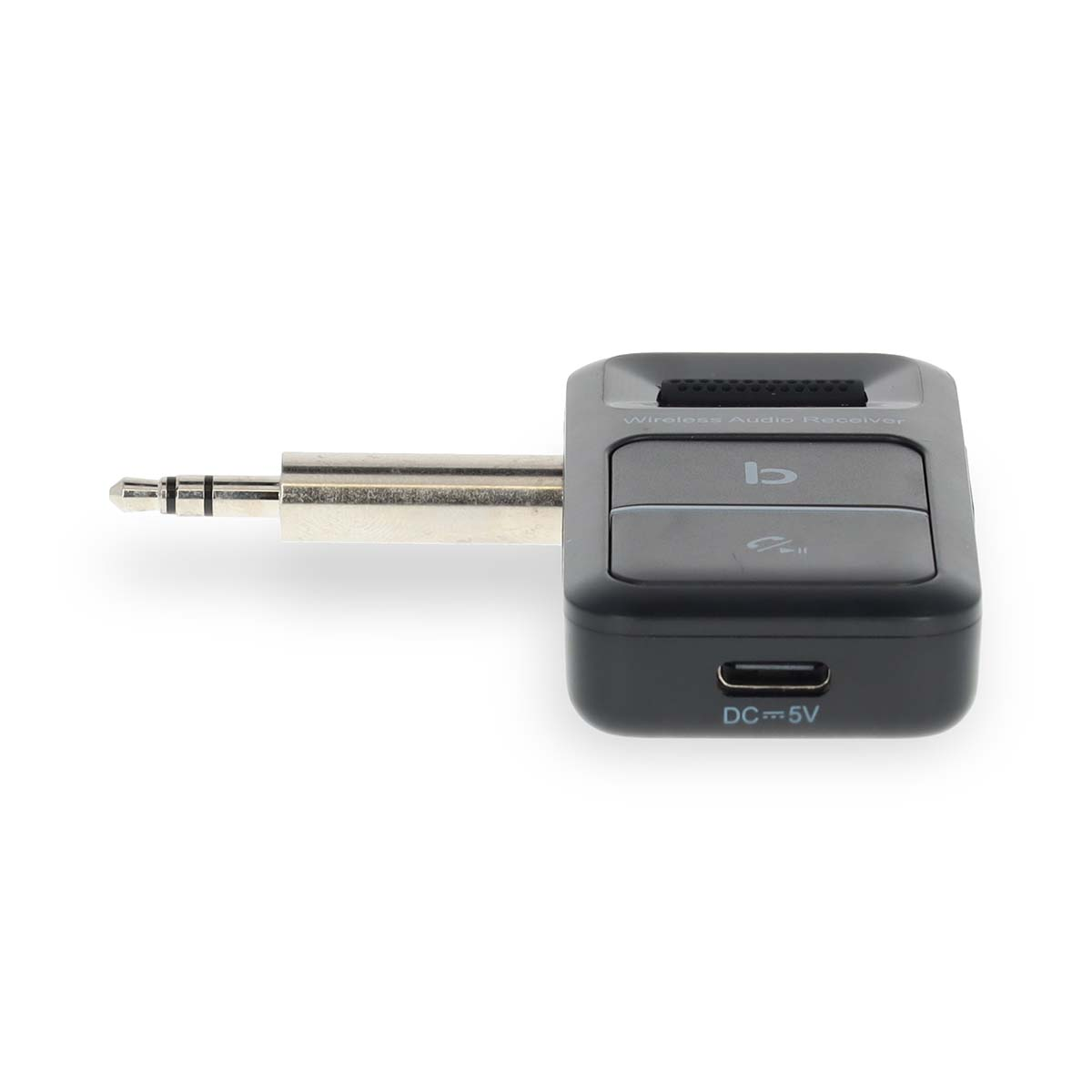 Schwarzer kabelloser Audioempfänger mit 3,5-mm-Klinke und USB-Anschluss, weißer Hintergrund.