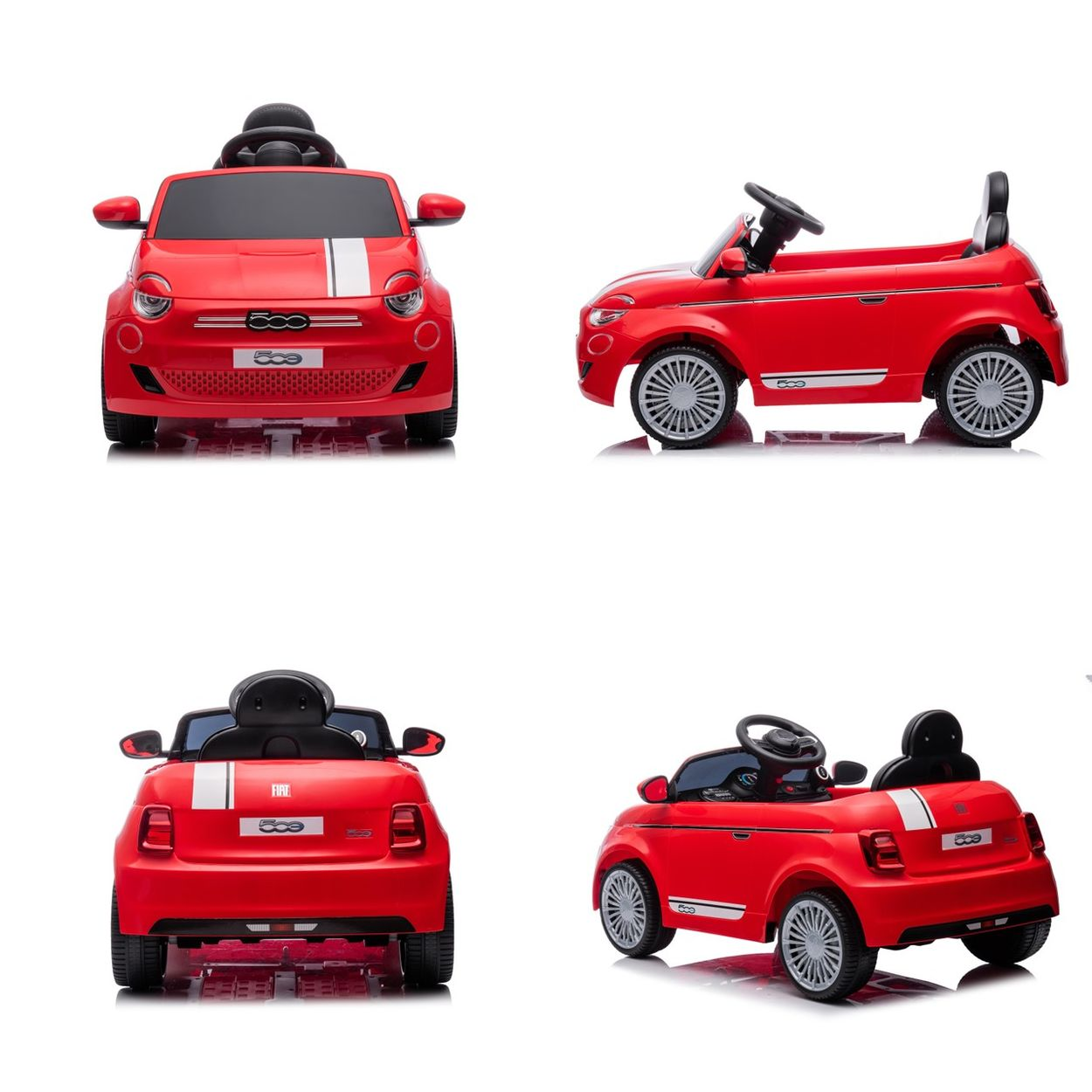 Vier Ansichten eines roten Spielzeugautos. Vorne, Seite, hinten und eine andere Seite.