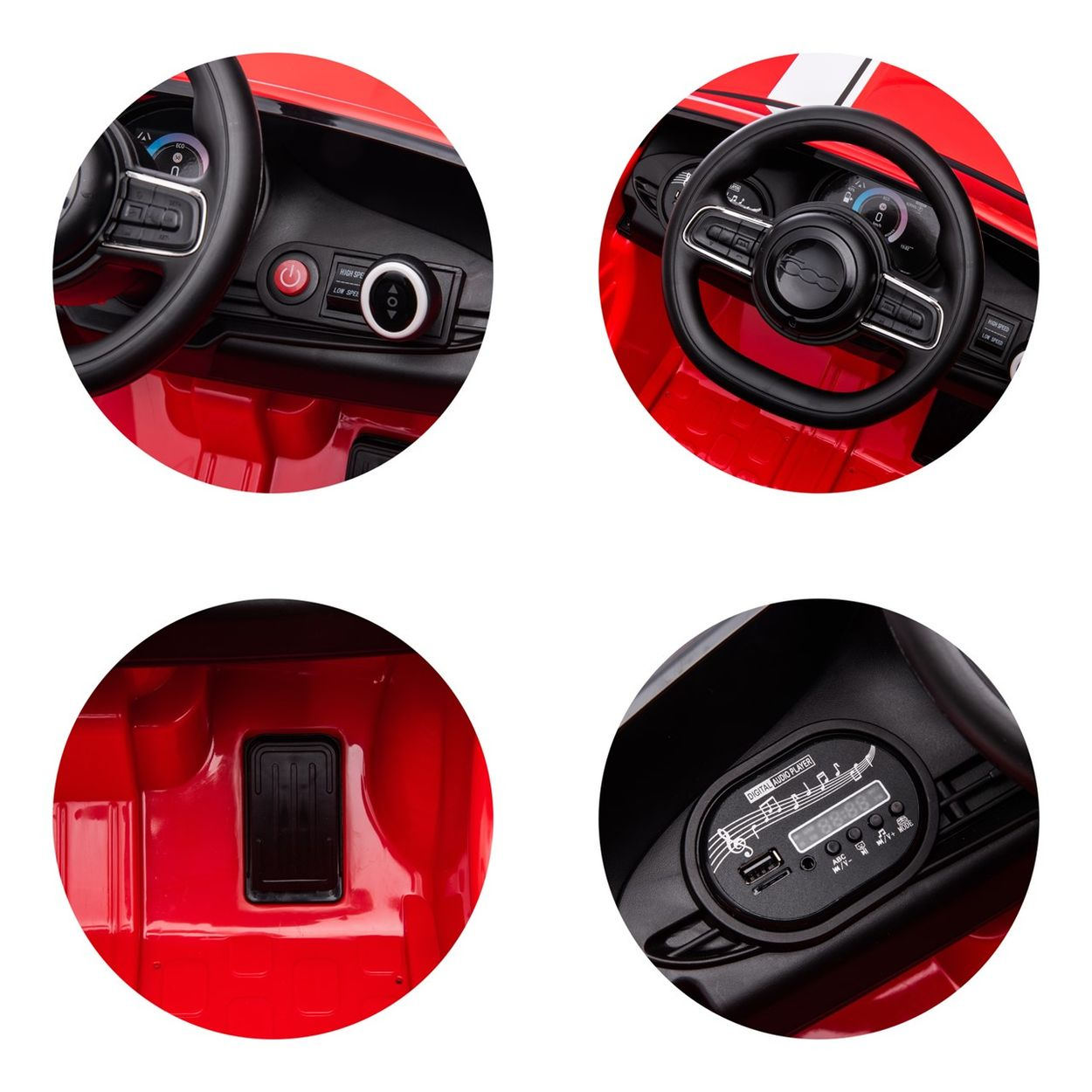 Vier Nahaufnahmen vom Inneren eines roten Spielzeugautos.