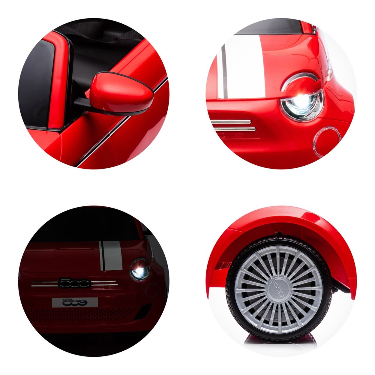 Vier Nahaufnahmen eines roten Spielzeugautos. Verschiedene Winkel, weißer Hintergrund. Lichter, Reifen, Spiegel.