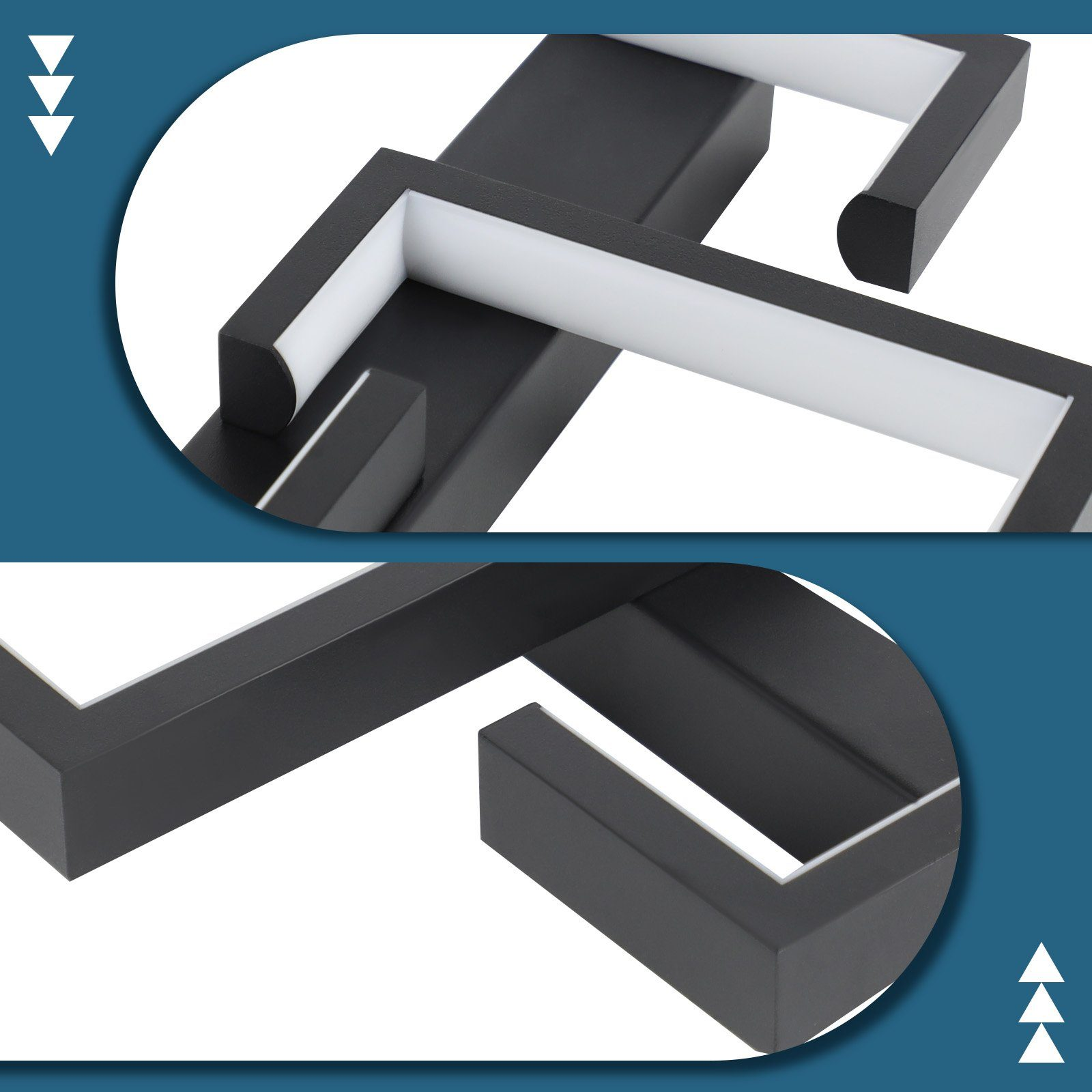 Zbliżenie dwóch czarno-białych geometrycznych ram. Górna to róg, a dolna to widok z boku.