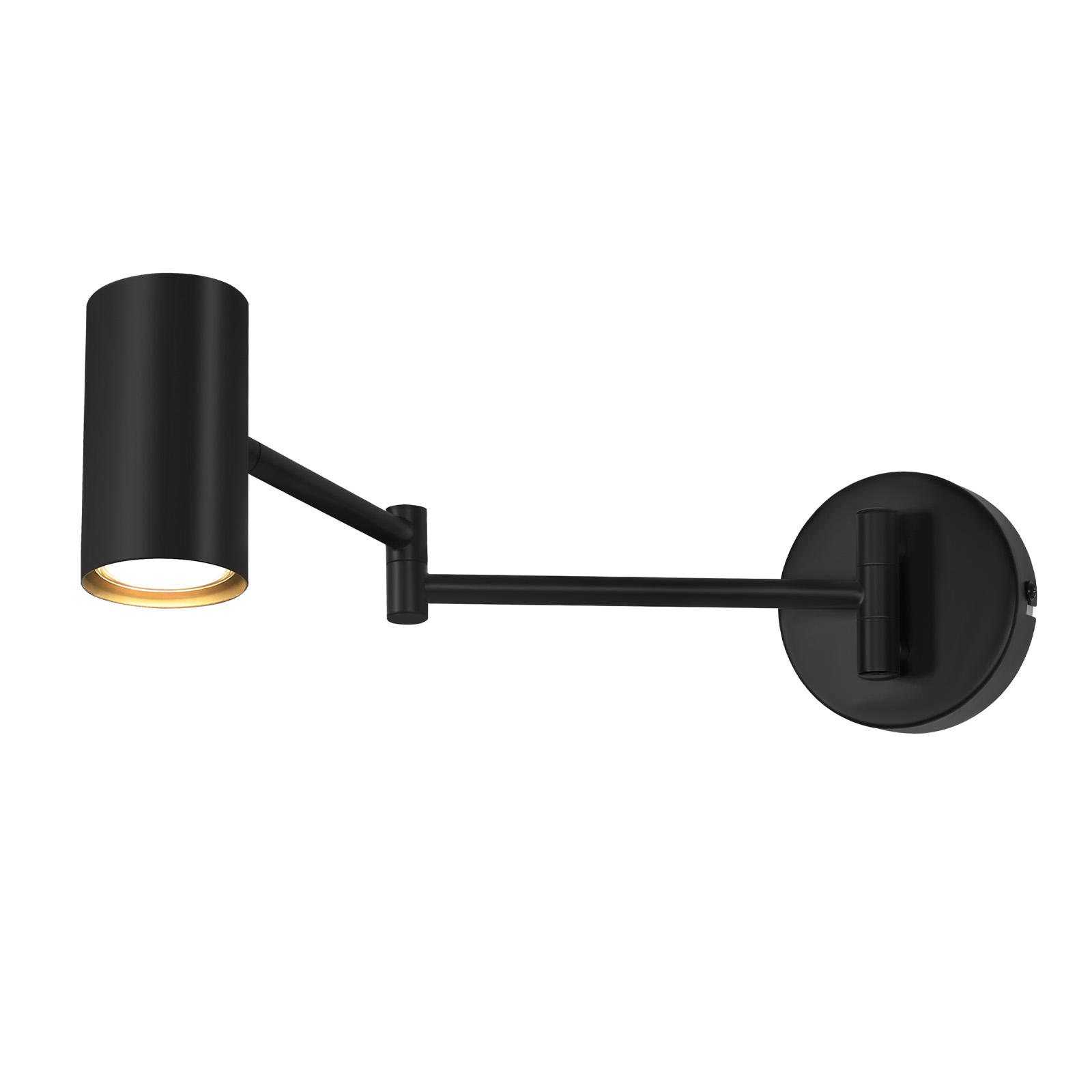 Czarna lampa ścienna z cylindrycznym światłem i obrotowym ramieniem. Światło świeci w dół.