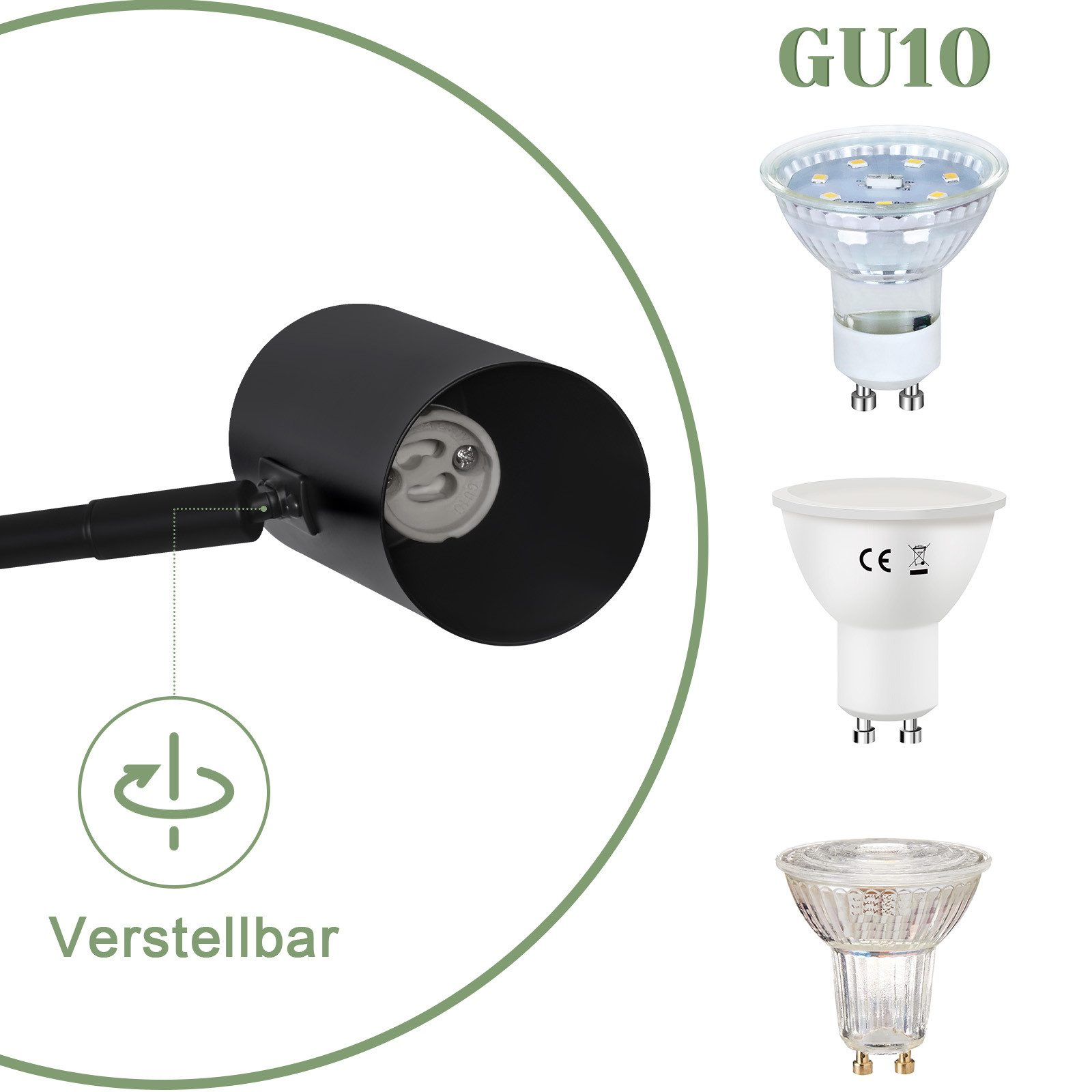 Czarny reflektor z trzema różnymi żarówkami GU10. Tekst: Regulowany, GU10.