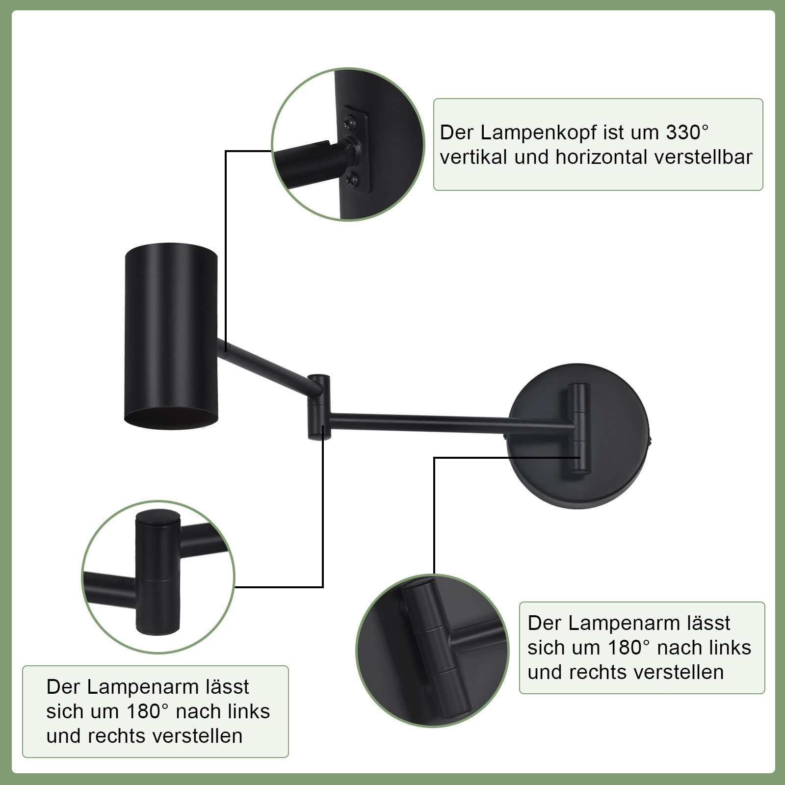 Czarna regulowana lampa ścienna z diagramami pokazującymi zakres ruchu ramienia lampy.