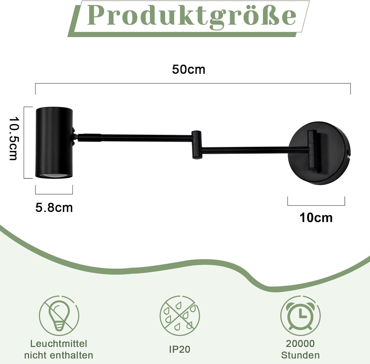Czarna regulowana lampa ścienna z wymiarami w cm i opisem produktu.