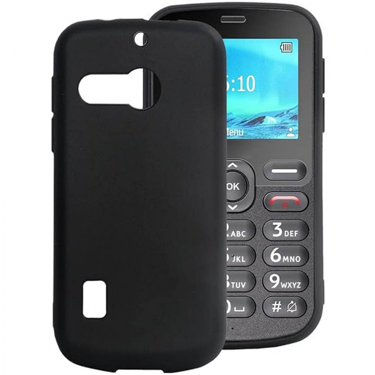 Schwarzes Telefon mit schwarzer Hülle.