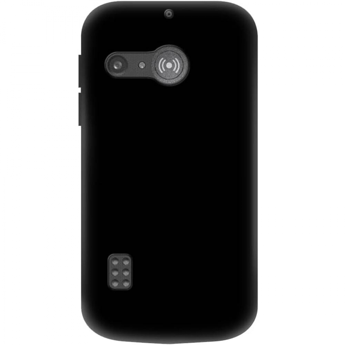 Schwarzes Smartphone mit Rückkamera, Blitz und Ein-/Aus-Taste. Auf weißem Hintergrund.