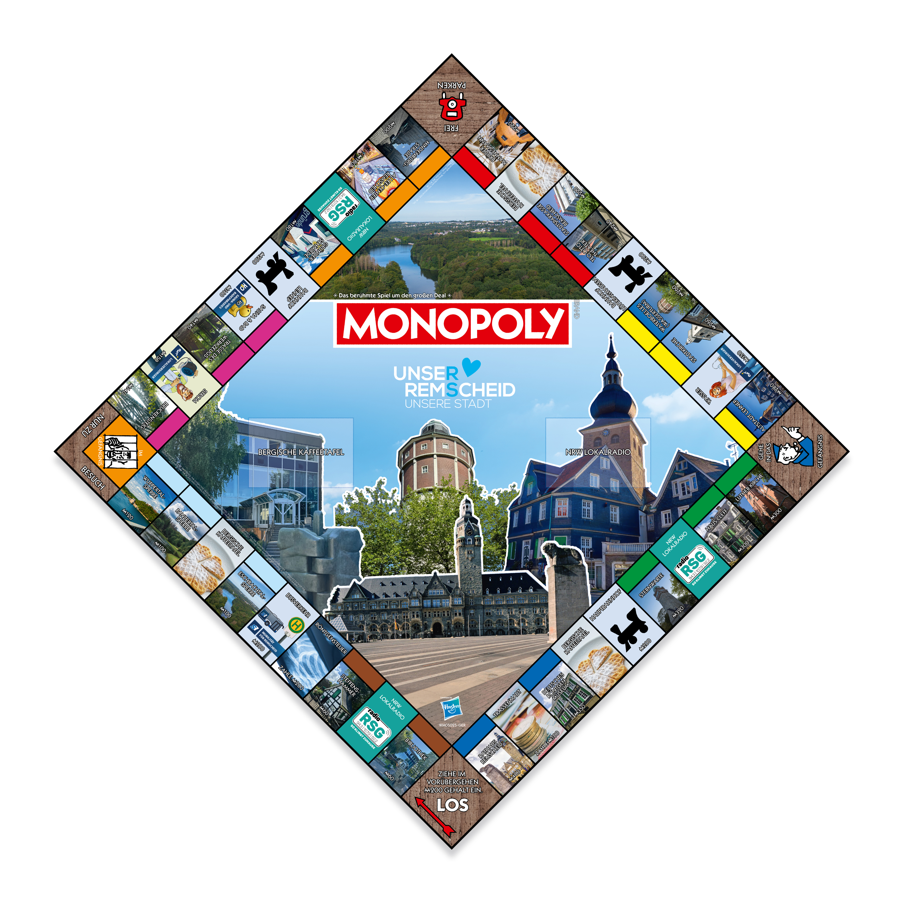Monopoly-Brettspiel, rautenförmig, mit Stadtbild in der Mitte.