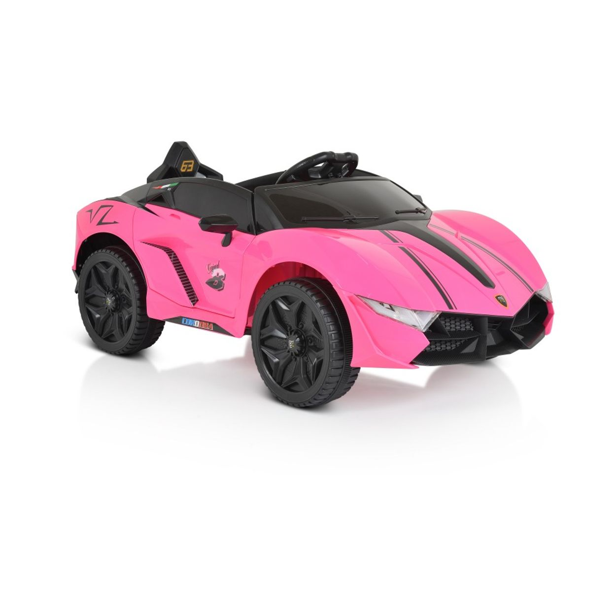 Ein rosa Spielzeugauto mit schwarzen Rädern, das einem Sportwagen nachempfunden ist, vor weißem Hintergrund.