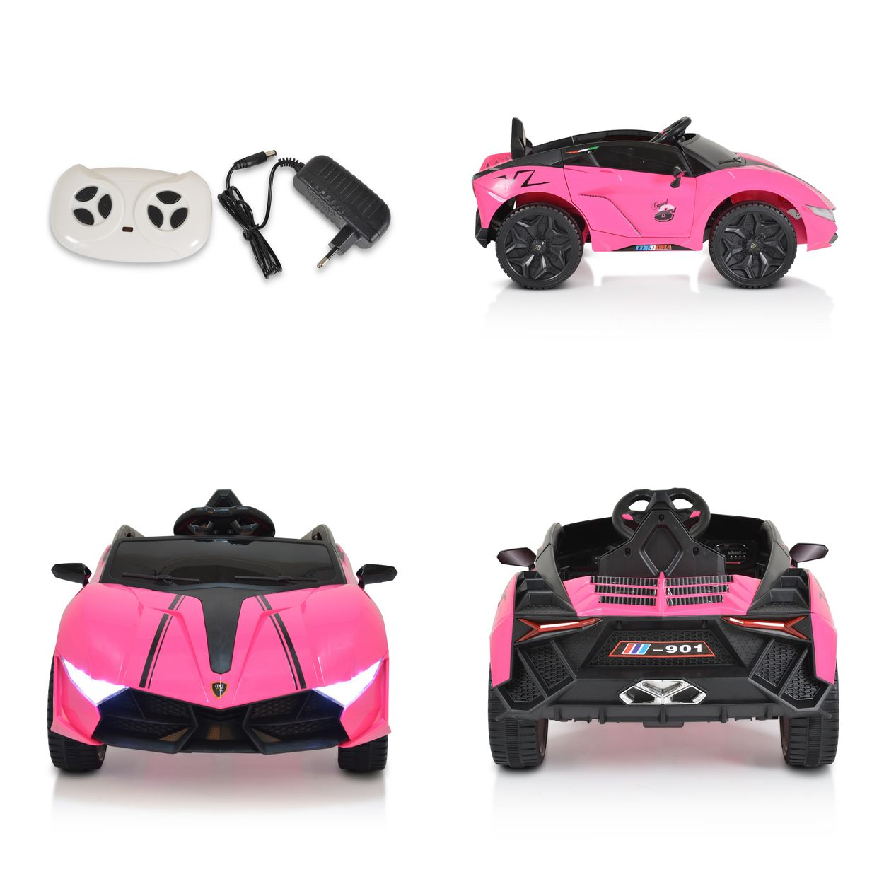 Vier Ansichten eines rosa Spielzeugautos. Eine Ansicht zeigt eine Fernbedienung und ein Ladegerät.
