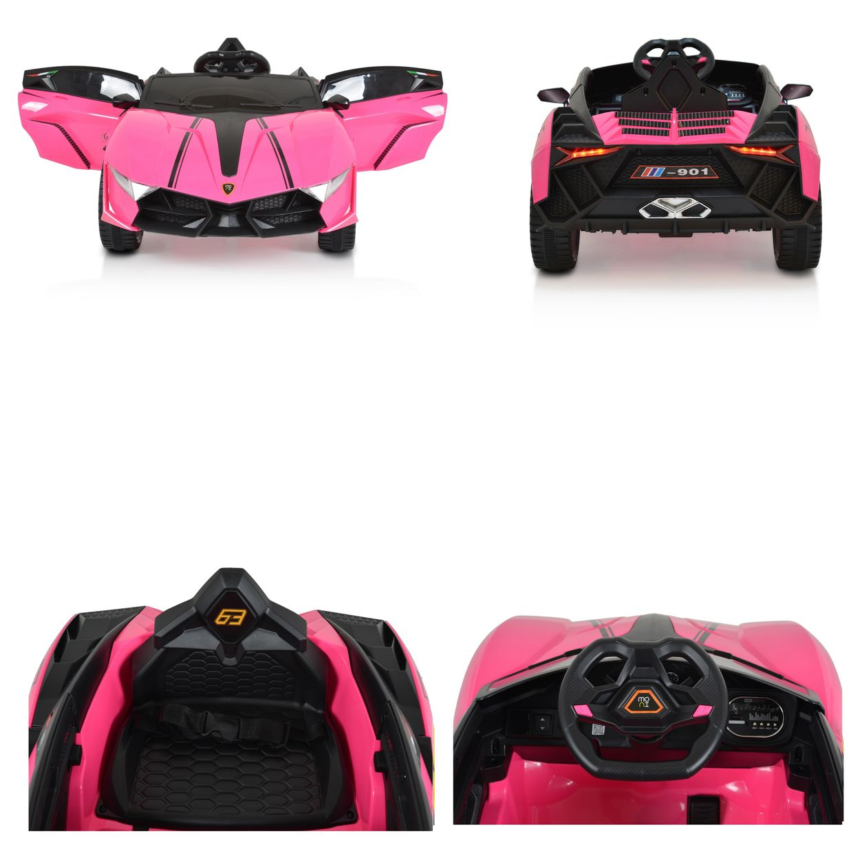 Vier Bilder eines rosa Spielzeugautos werden gezeigt. Die Türen sind offen, und das Auto ist aus verschiedenen Winkeln zu sehen.