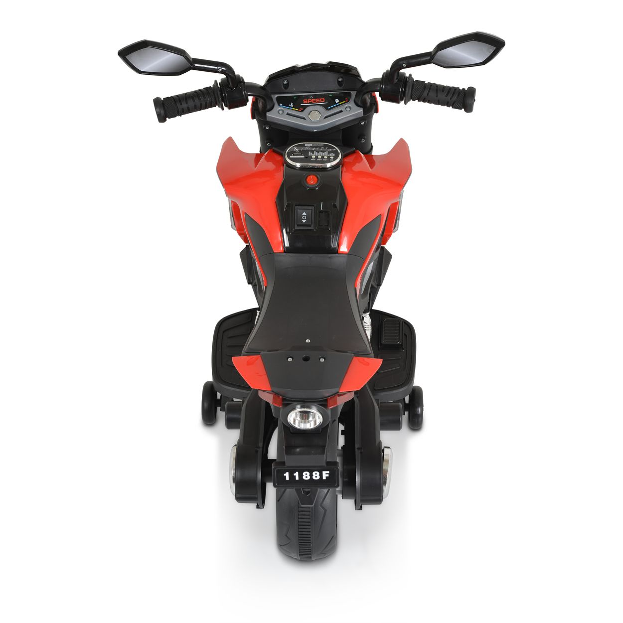 Draufsicht auf ein rotes Spielzeugmotorrad. Merkmale: schwarzer Sitz, rotes Verkleidungsteil, Spiegel und kleines Hinterrad.