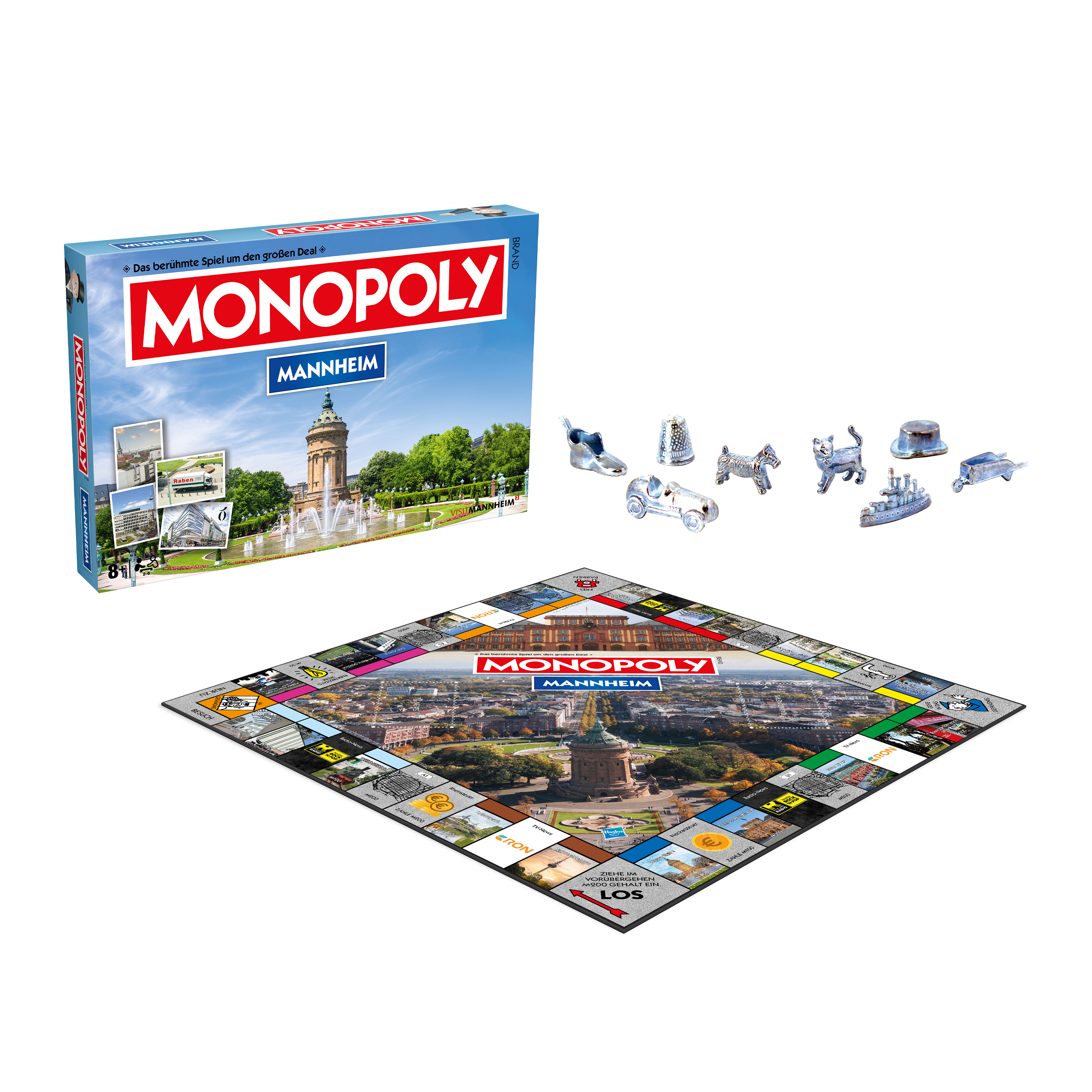 Monopoly Mannheim Brettspielset: Spielbrett, Schachtel mit Stadtbild und Spielfiguren.