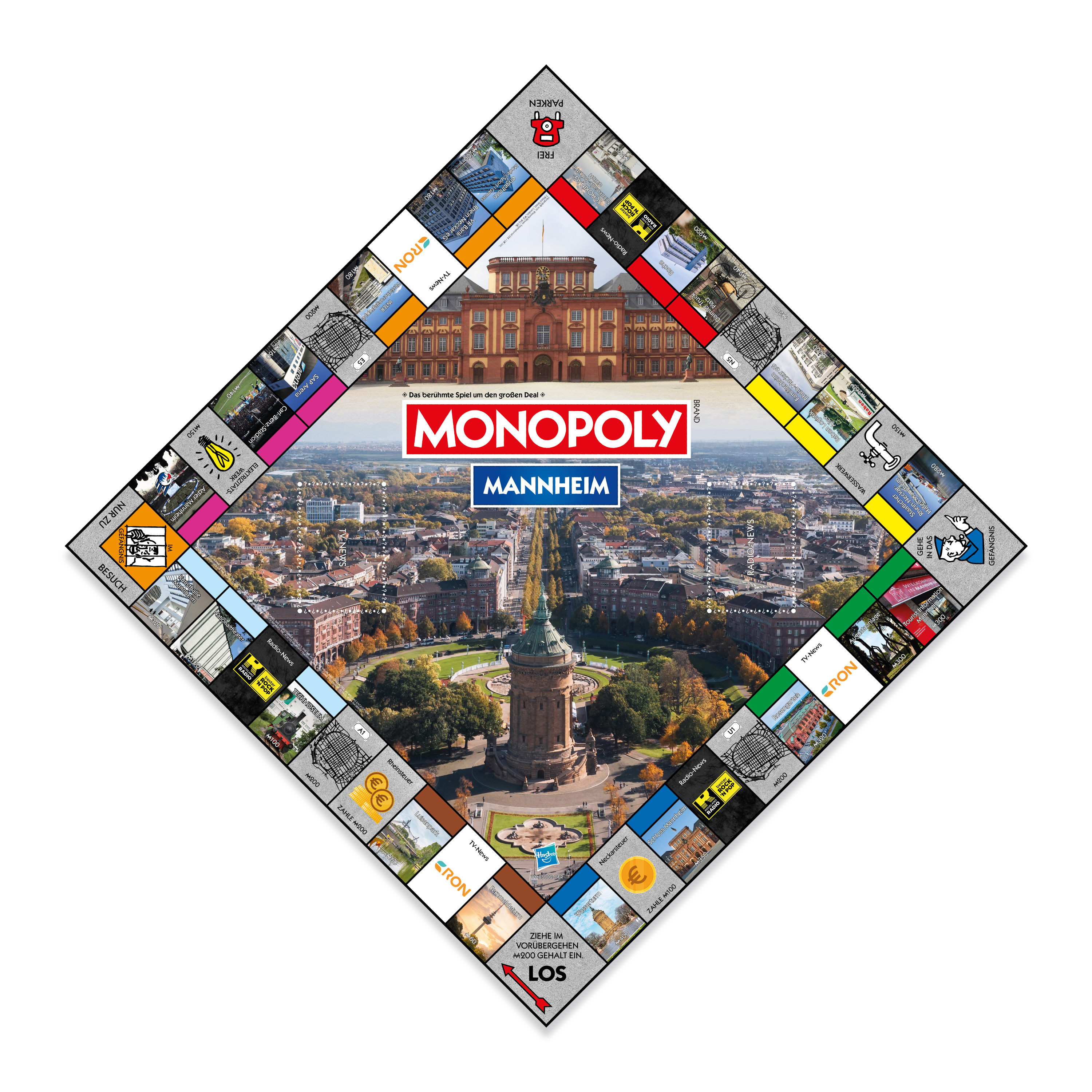 Ein Monopoly-Brettspiel für Mannheim. Das Spielbrett ist rautenförmig mit Stadtbildern.
