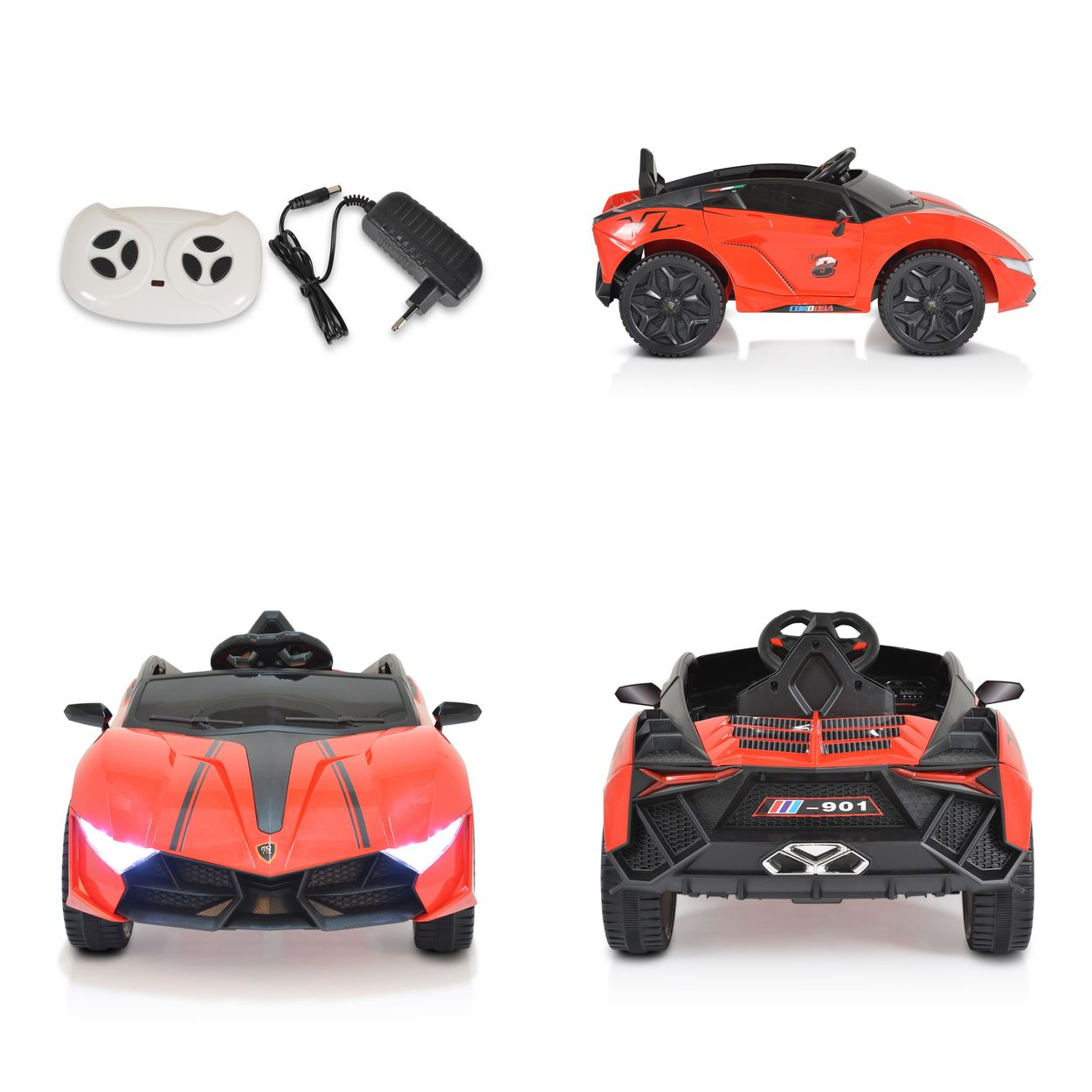 Rotes Spielzeugauto mit schwarzen Akzenten, Fernbedienung und Ladegerät. Mehrere Ansichten des Autos werden gezeigt.