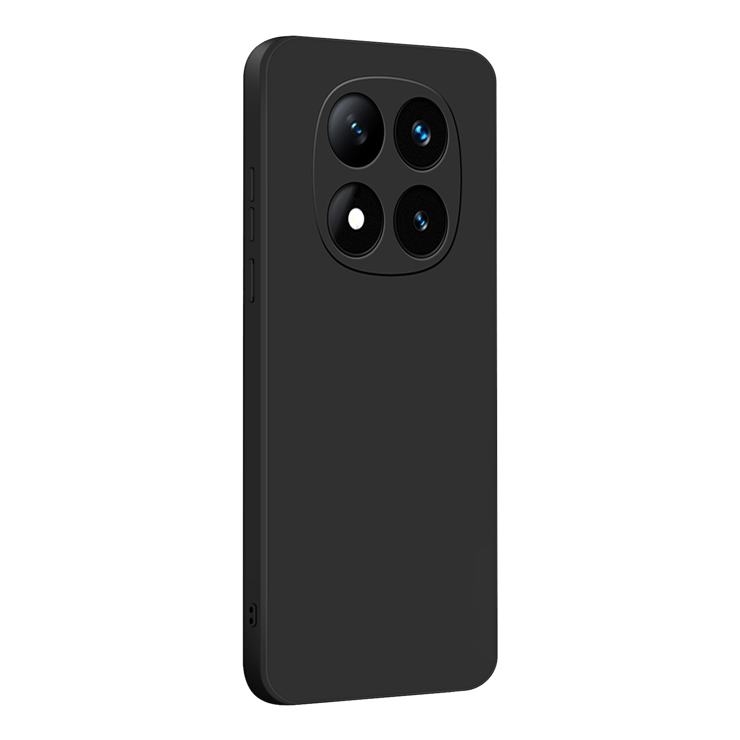 Schwarze Smartphone-Hülle mit vier Kameralinsen auf der Rückseite und Seitentaste.