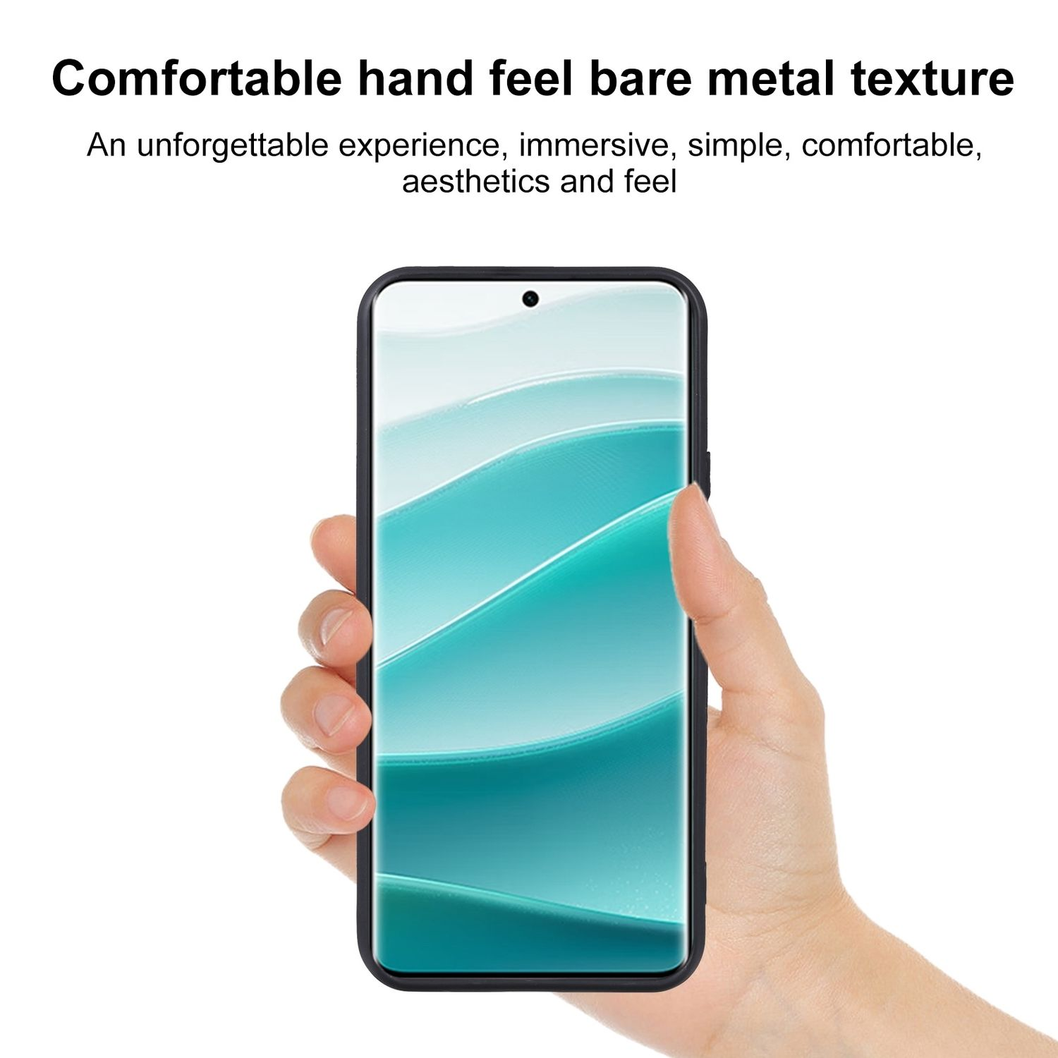 Eine Hand, die ein schwarzes Telefon vor weißem Hintergrund hält, Text über die Textur des Telefons.