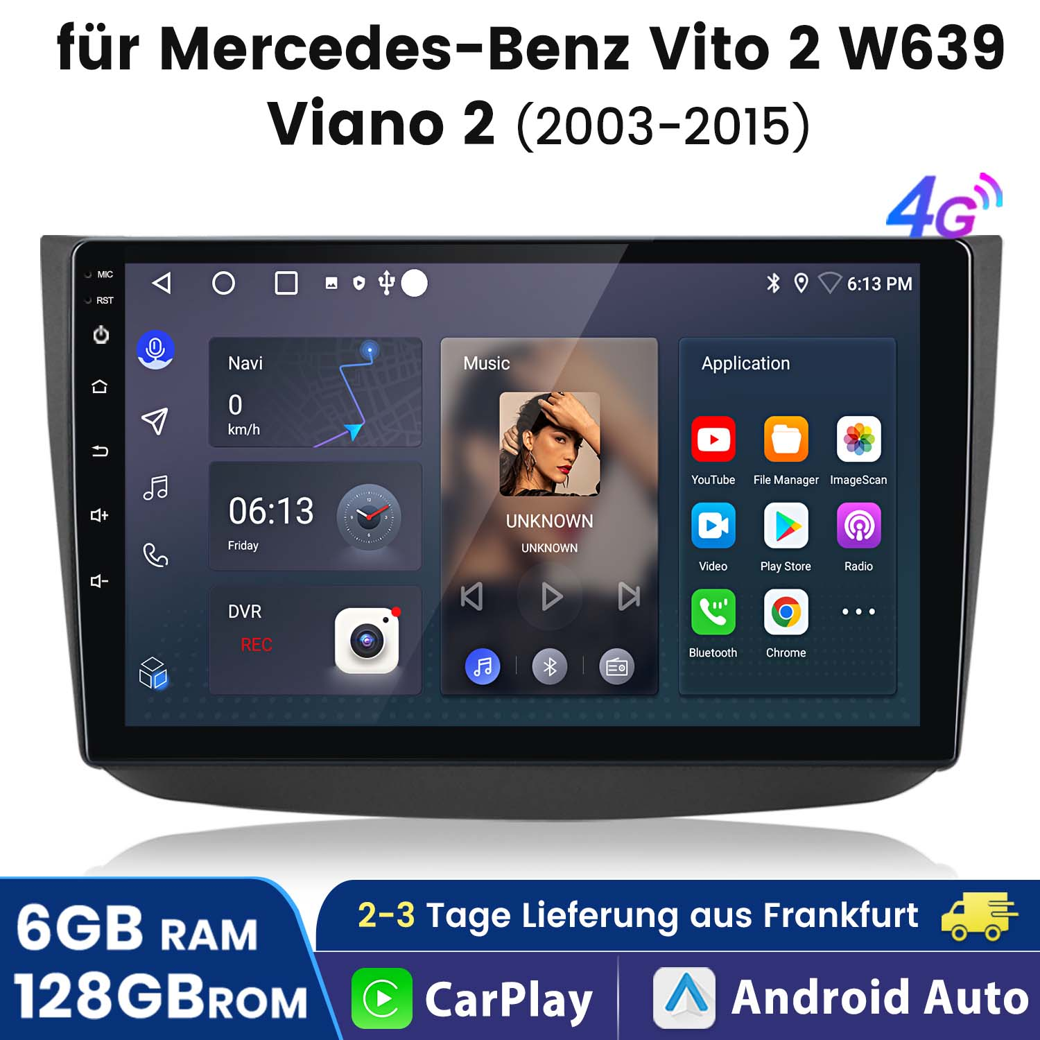 Autoradio-Bildschirm, beschriftet für Mercedes-Benz Vito. Zeigt Navigation, Musik und Anwendungen an.