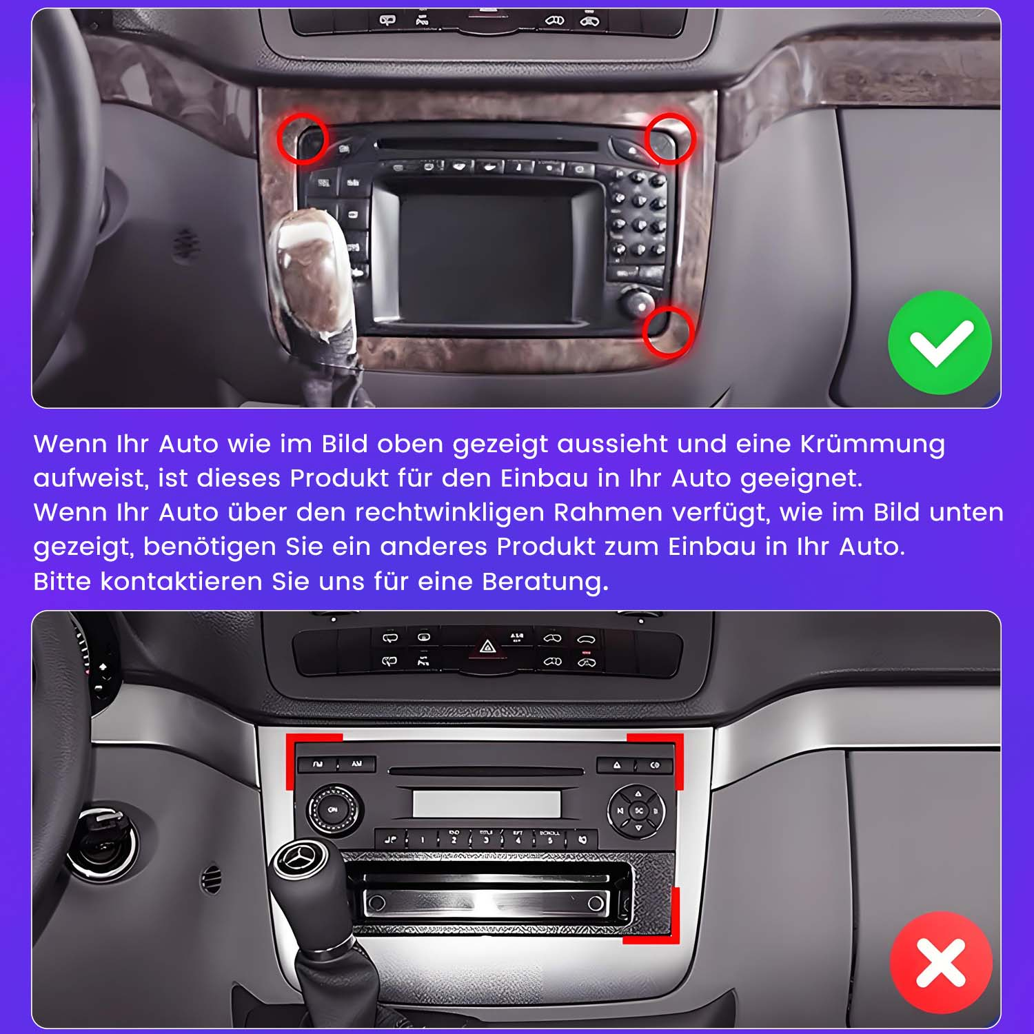Vergleich von Armaturenbrettern, eines mit gebogenem Design (gut) und eines mit flachem Design (schlecht).
